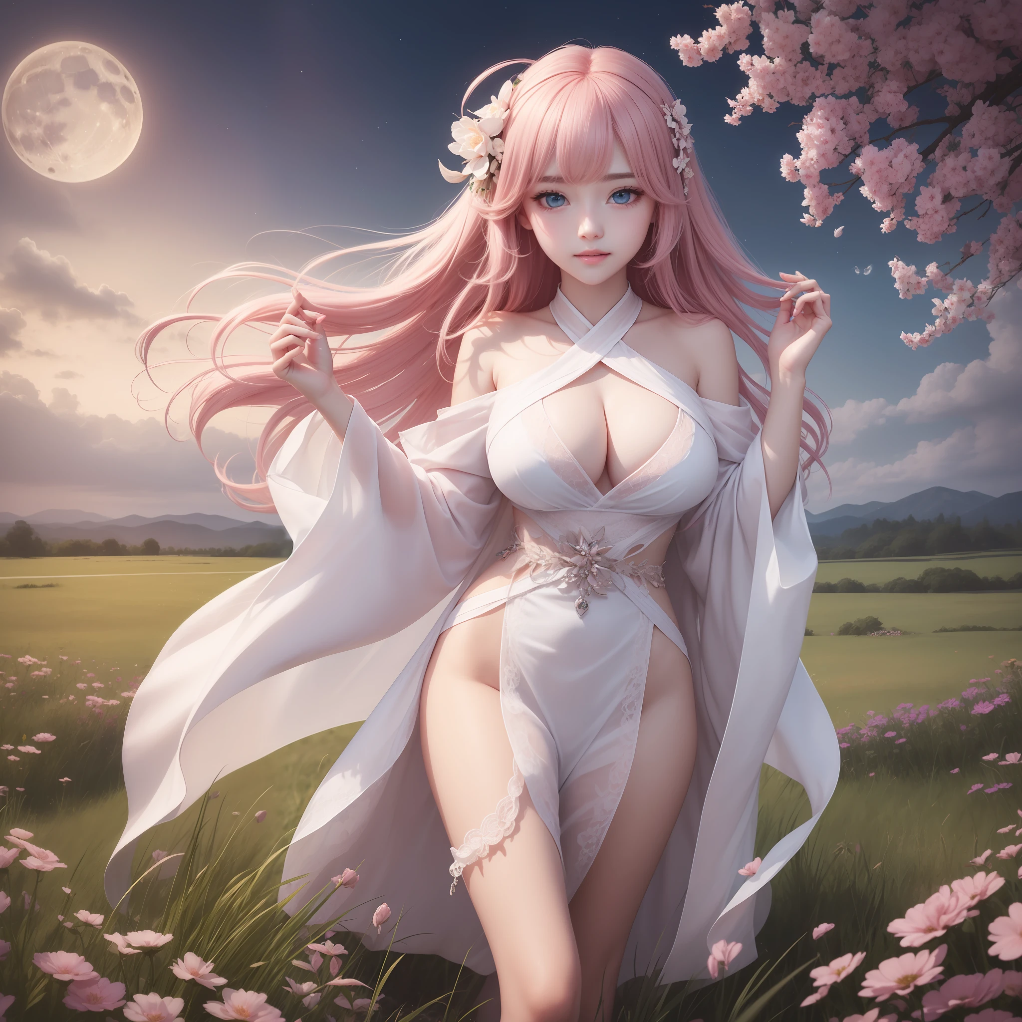 hiquality、Delicate and detailed face、Outstanding style、a large breast、miko、Heavenly daughter、Vibrant colors、Moonlit Night、grassy plains、Beautiful standing figure、Pink hair、Blue eyes、Gorgeous Hagoromo、Gentle expressions、Fantastical