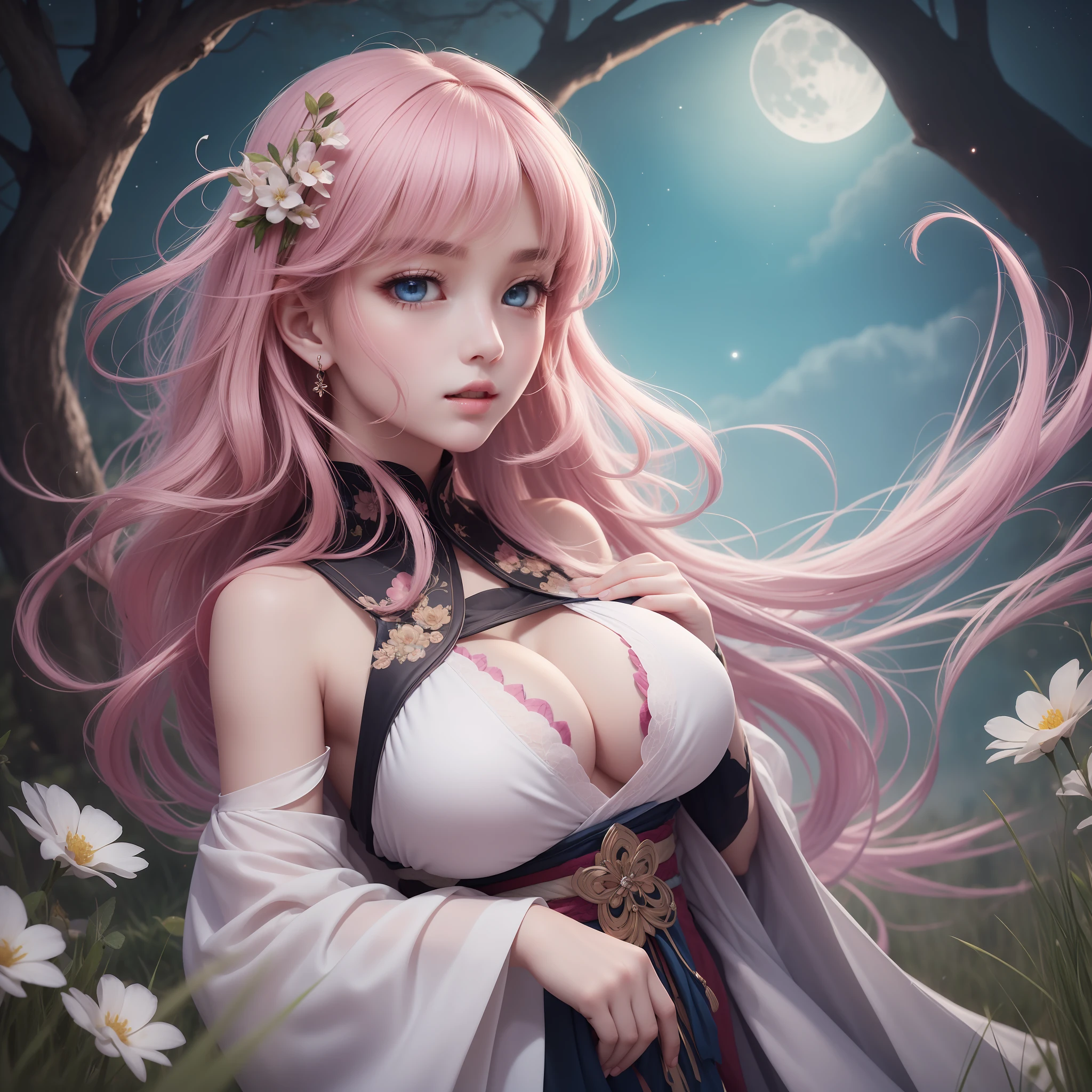 hiquality、Delicate and detailed face、Outstanding style、a large breast、miko、Heavenly daughter、Vibrant colors、Moonlit Night、grassy plains、Beautiful standing figure、Pink hair、Blue eyes、Gorgeous Hagoromo、Gentle expressions、Fantastical