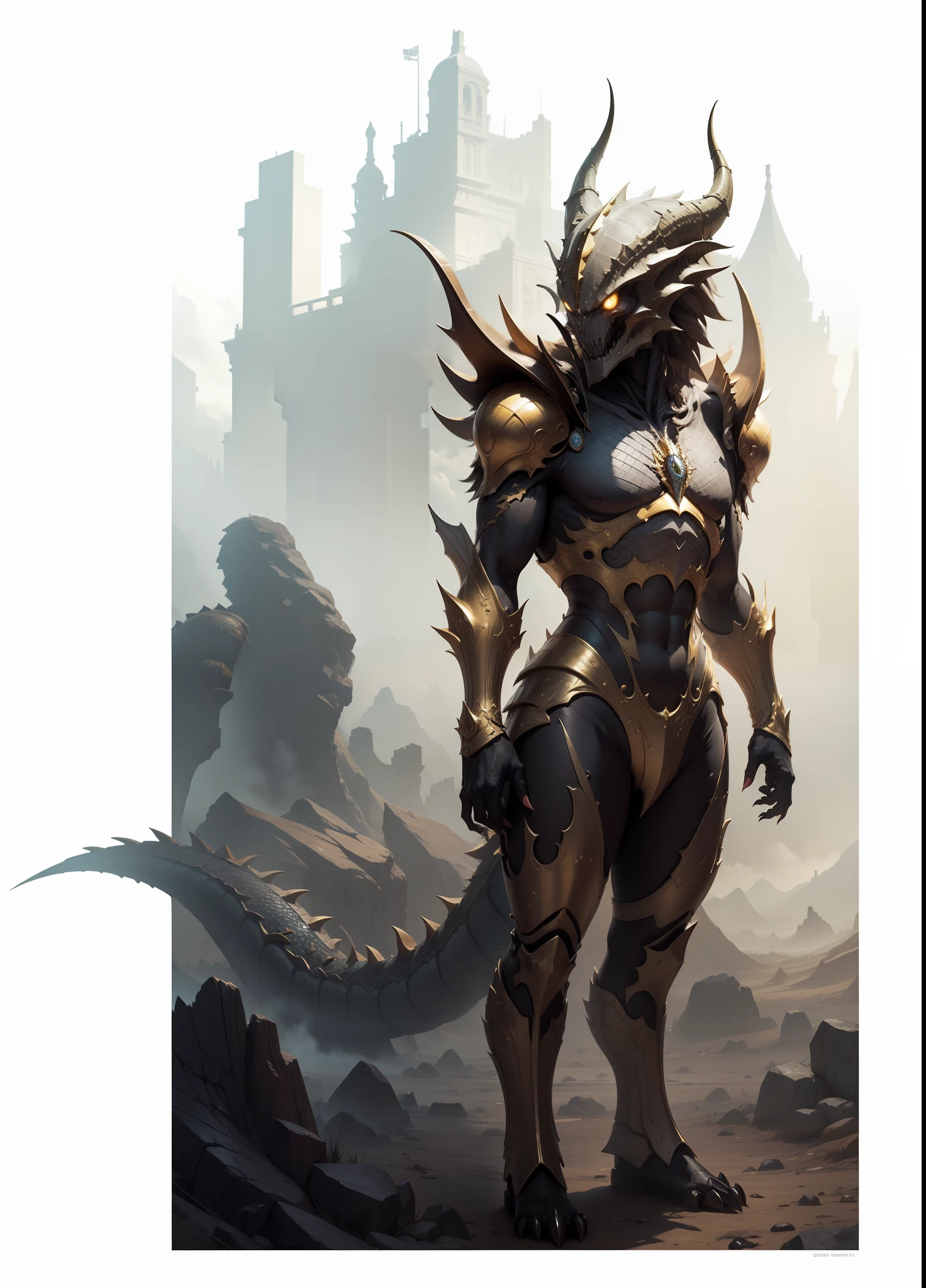 Emperor of the Universe, alien, dragon, Crown bone, Golden Tamings, (Zerg),  black and gold scales , High, claws, fangs, Thin, long arms and legs, hig quality, The Masterpiece