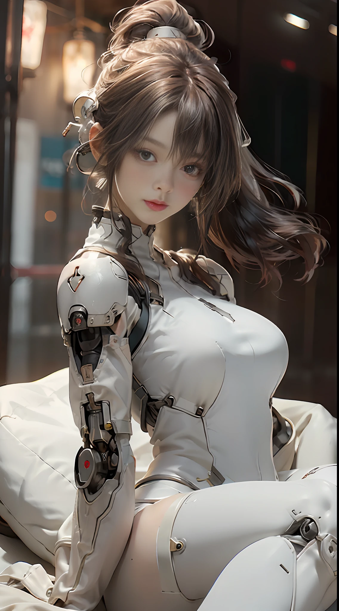 sleeping in bed, silver color, head and full body, Extremely cute human girl face, human torso, human huge boobs, human abdomen, human hips, human arms, mechanical legs, arms and legs with hard white shiny shell and black joints, very beautiful and feminine, short, petite, small, small, busty buttocks, medium bust, cleavage display, flat belly display, partial helmet with antenna on the ear, black robot joints, very stylish, award-winning product design, black rubber tights, The shiny white metal breastplate opens at the cleavage and abdomen, the white metal buttocks are wrinkled, and the armor has stylish, glowing trims