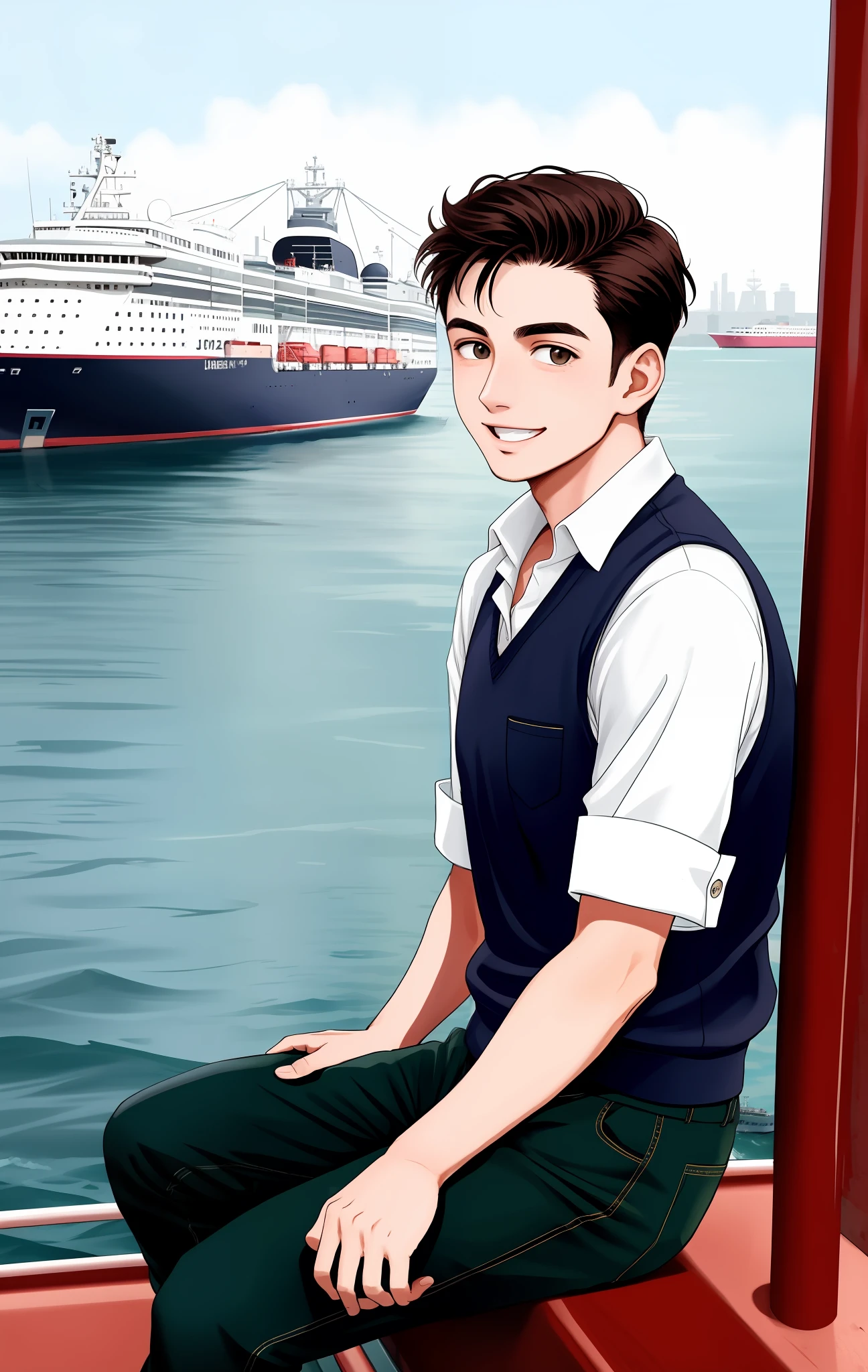 jovem, 25 anos, cabelo social, social vest shirt sleeves rolled up, na proa de um navio, in the 40s, he is excited, he is watching the city port, European