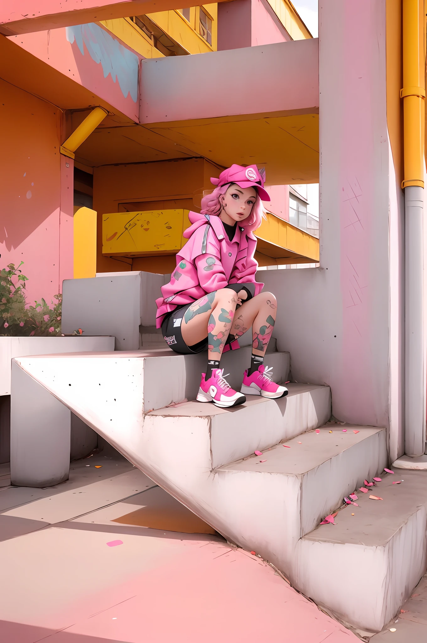 there is a woman sitting on a set of stairs with a pink hat, Photo Session, com cabelo rosa, Conjunto de fotos conceito, videoclipe, she is wearing streetwear, sapatos rosa, roupas cor-de-rosa, concreto rosa, moicano rosa, featuring pink brains, pink iconic character, Foto retrato, sentado, menina cor-de-rosa, Photo Session, Nice Poarch, menina sentada em um telhado