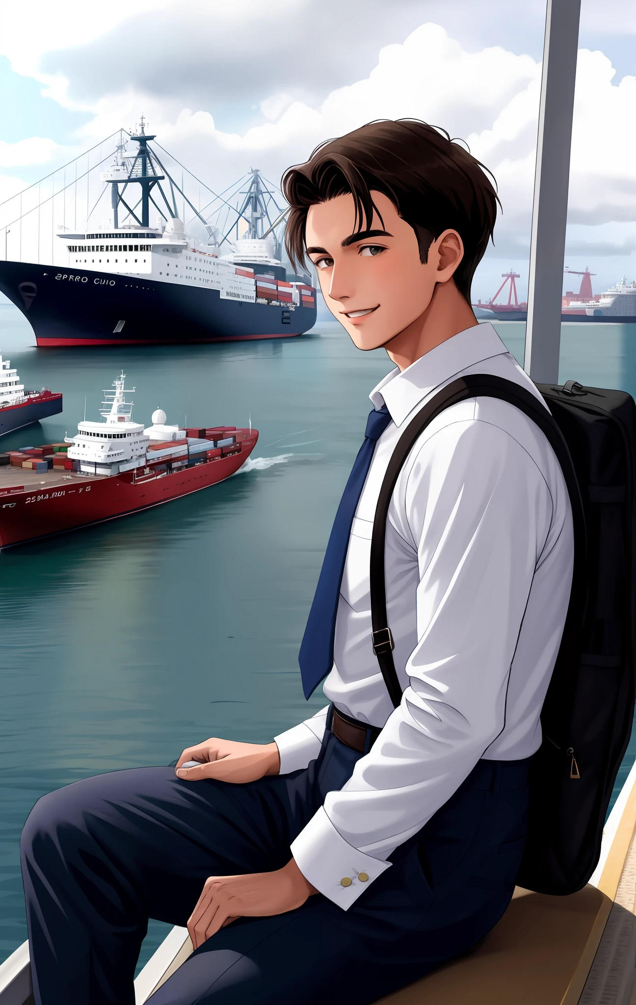 jovem, 25 anos, cabelo social, social vest shirt sleeves rolled up, na proa de um navio, in the 40s, he is excited, he is watching the city port, European