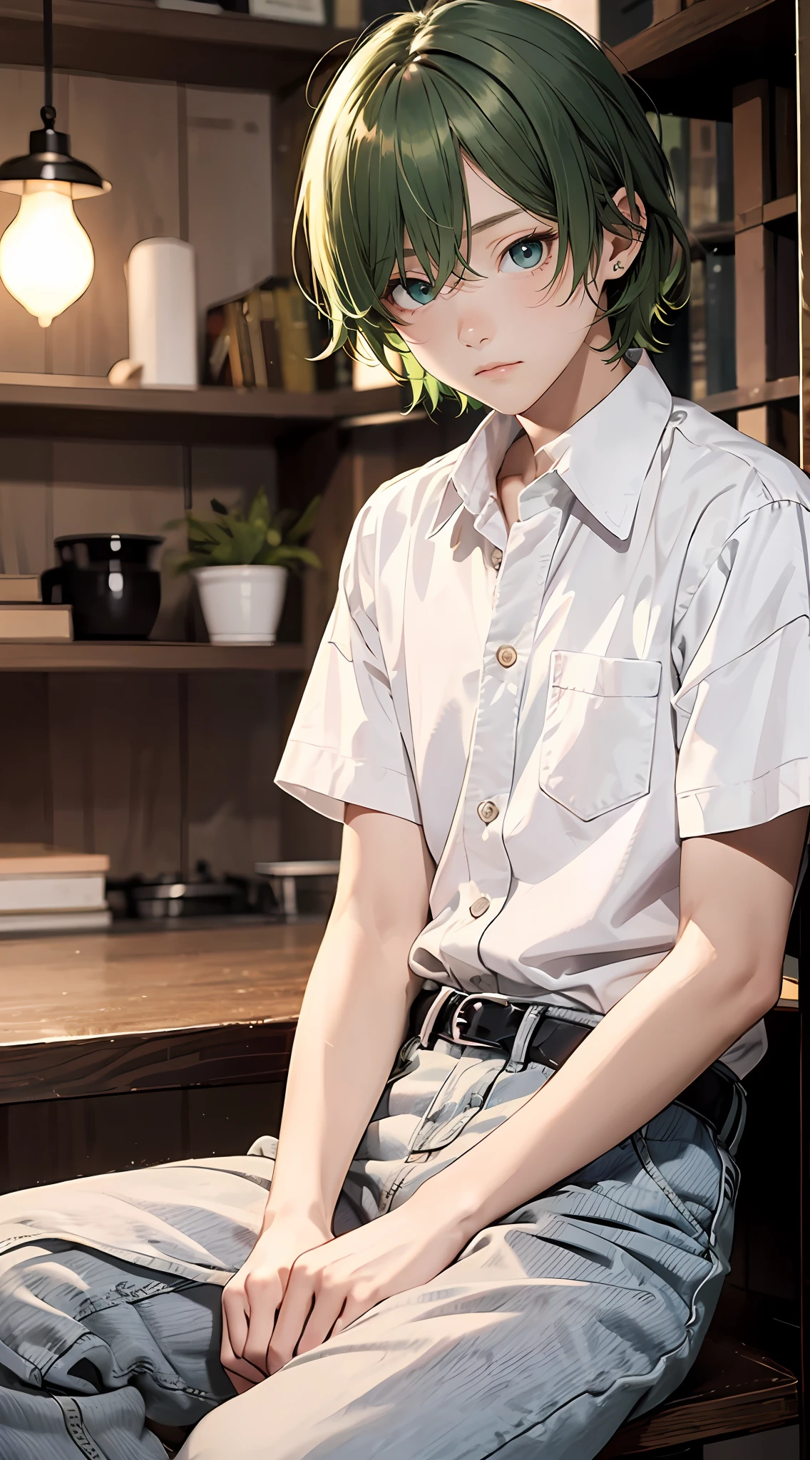 Master Masterpiece、beste Quality、8K、One Boy、Short green hair and big eyes、Cute face、、White shirt and dark gray pants、sit