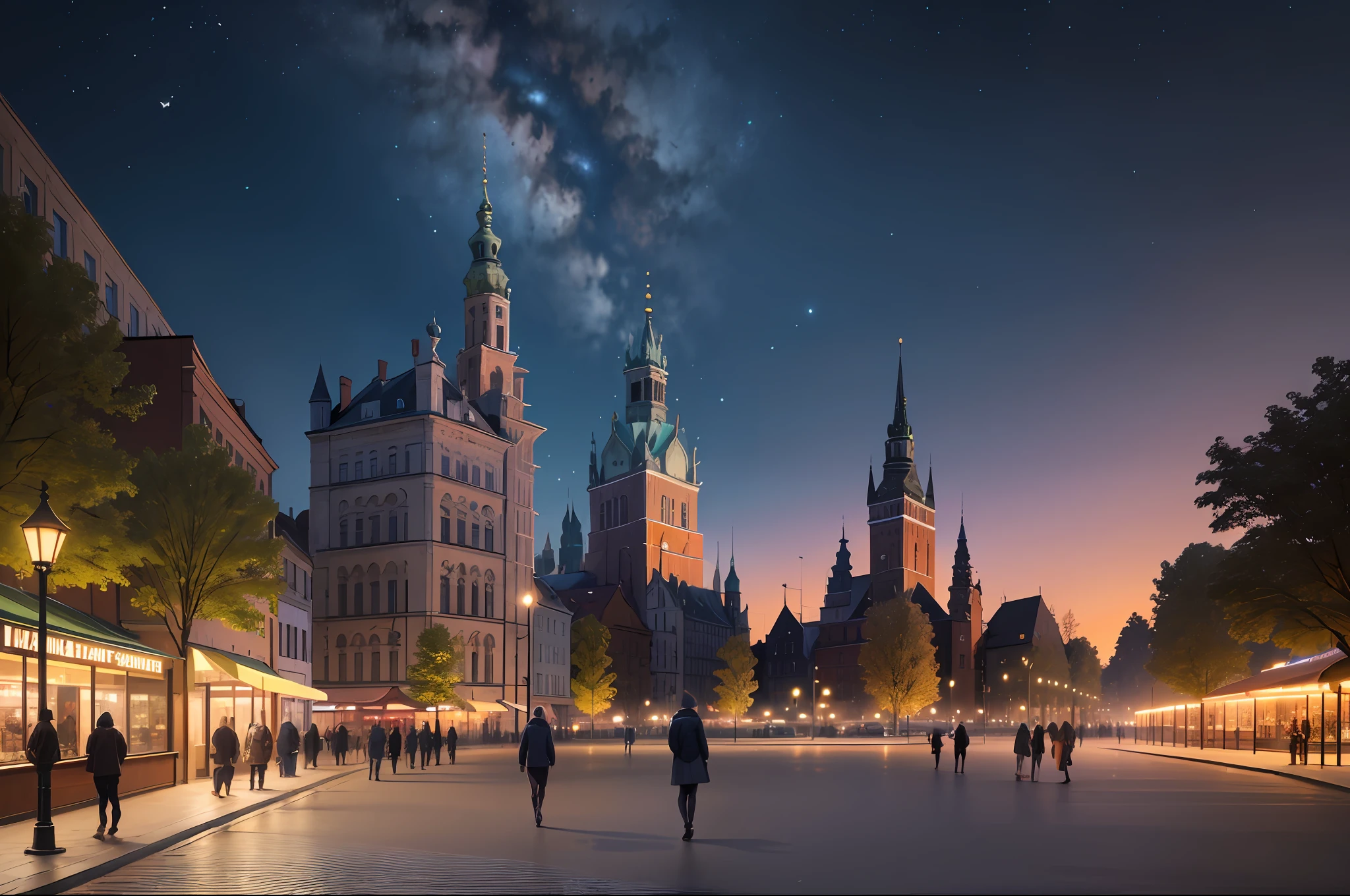 poland cracow in year 2050 big skyscrapers next to old buildings , park around big trees people walking on the street night day in old town, stars in the sky , ultra realistic 4k HD --auto --s2