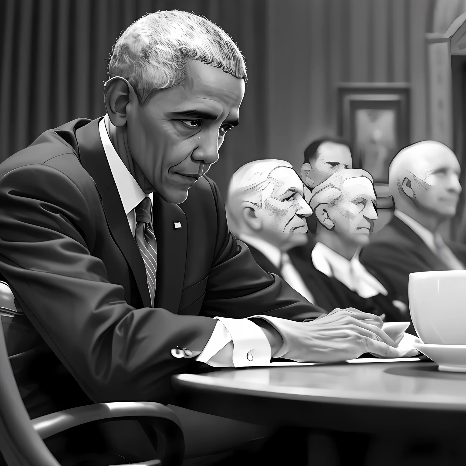 black white photo of Barack Obama at the table,doom beautiful face, end of an era, great likeness, photograph credit: ap, closeup portrait shot --auto