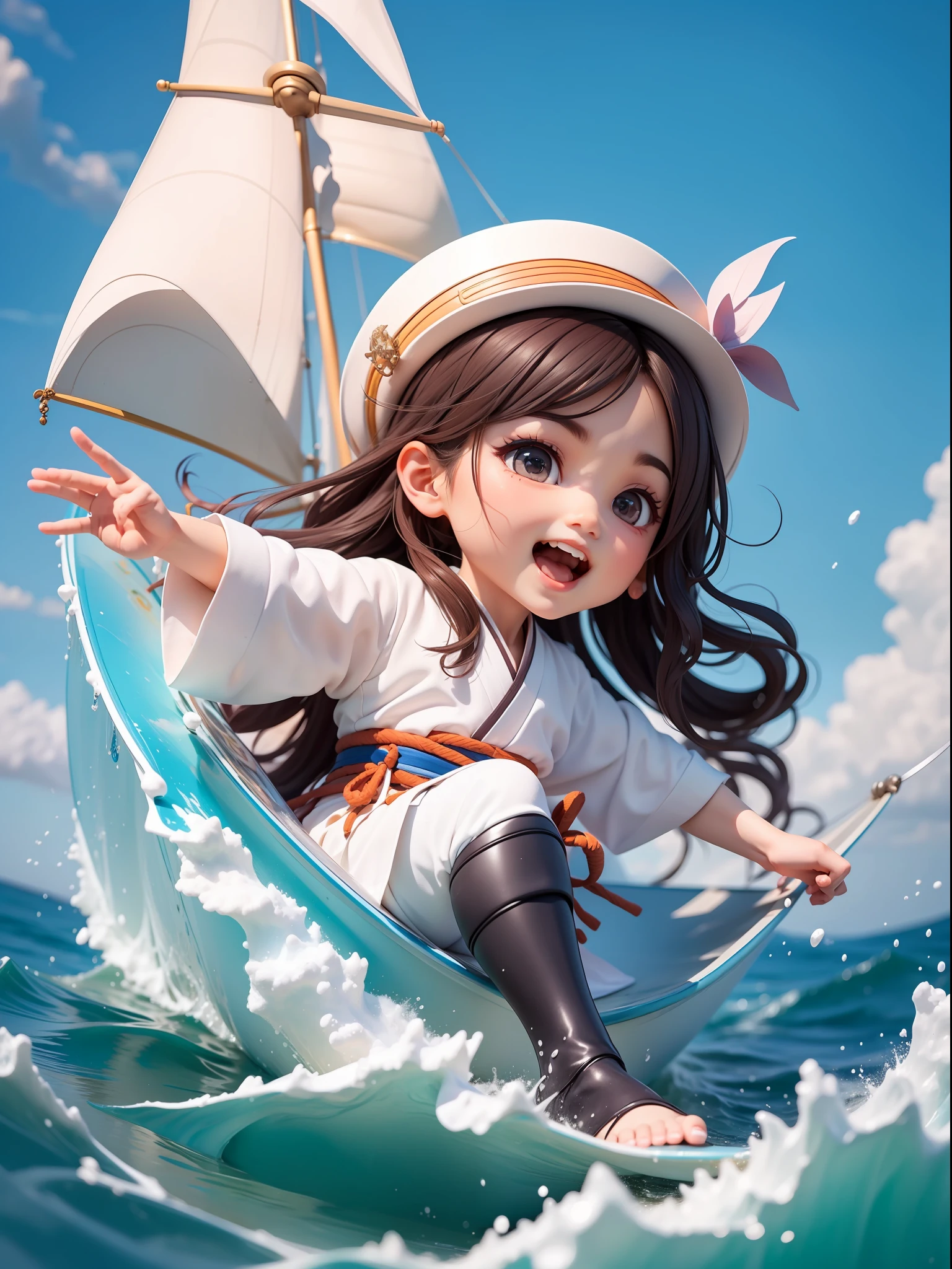 chibi:1.3,1boy:A twenty-year-old muscular man surfs on a sailboat at sea,sailing ship:1.3,Blue sea:1.3,black long hair,White clothes fluttering,Hanfu,Open your mouth and laugh