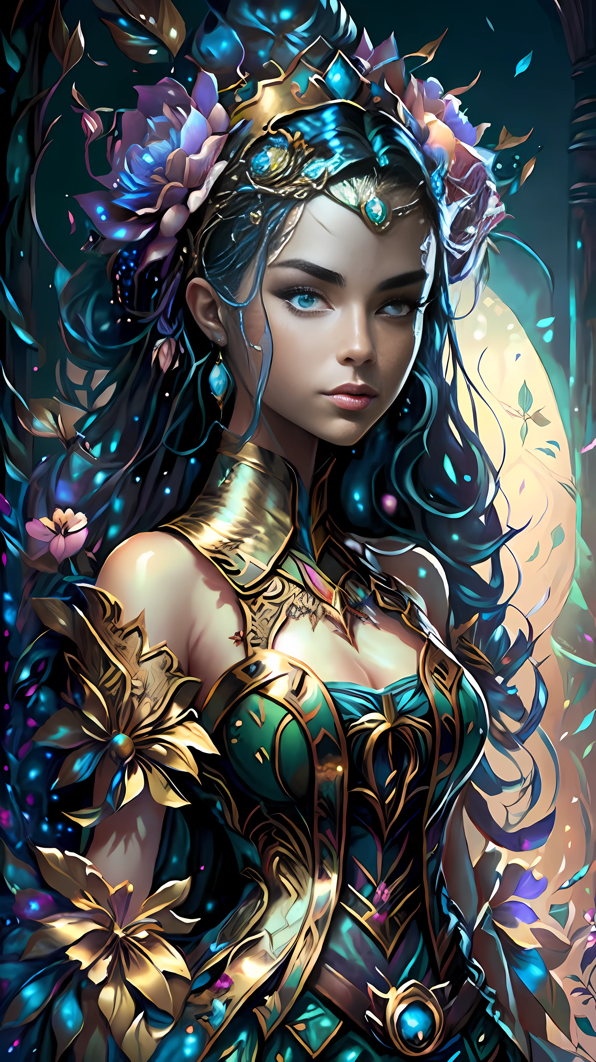 An overview of an exotic gardin, de exuberantes plantas y flores, hermosa elegante mujer con un vestido de alta costura en encajes estilo filigrana, Beautiful dress design, fantasy art behance, Fantasy style art, Detailed fantasy art, Fantasy art style, detailed fantasy digital art, Epic Fantasy Art Style HD, digital fantasy art ), epic fantasy art style, fantasy art illustration, epic fantasy style art, epic fantasy digital art style, detailed digital 2d fantasy art, ojos color nuez caramelo, detallado finamente intrincados, vestido largo hiperdetallado, manos perfectas afinados, nariz y boca finamente detallados, rostro perfecto, detallado finamente, pulido, Suave, limpio, sin inperfecciones, The most beautiful woman in the world, perfectamente bien definida, hermosa fantasia de mujer, mujer super hermosa de fantasia muy real, demasiado hermosa fantasiosa para ser real,