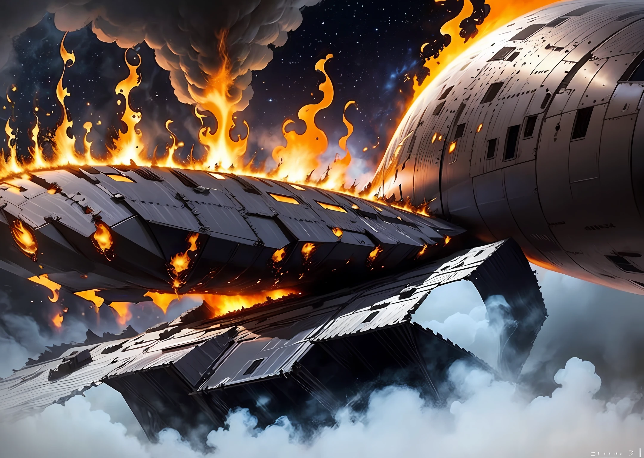 Create an image of the surface of a burning planet, with giant flares and black smoke rising into the sky, the spaceship maneuvering through these dangerous obstacles, ultra-realistic image. --auto --s2