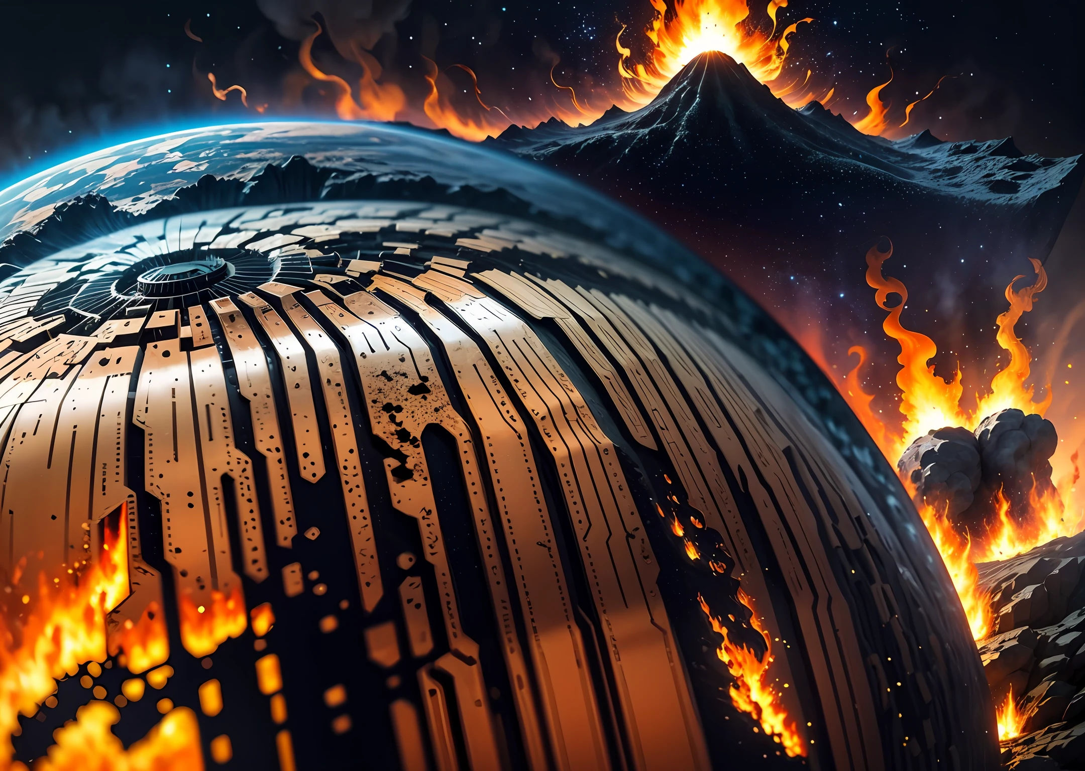 Create an image of the surface of a burning planet, with giant flares and black smoke rising into the sky, the spaceship maneuvering through these dangerous obstacles, ultra-realistic image. --auto --s2