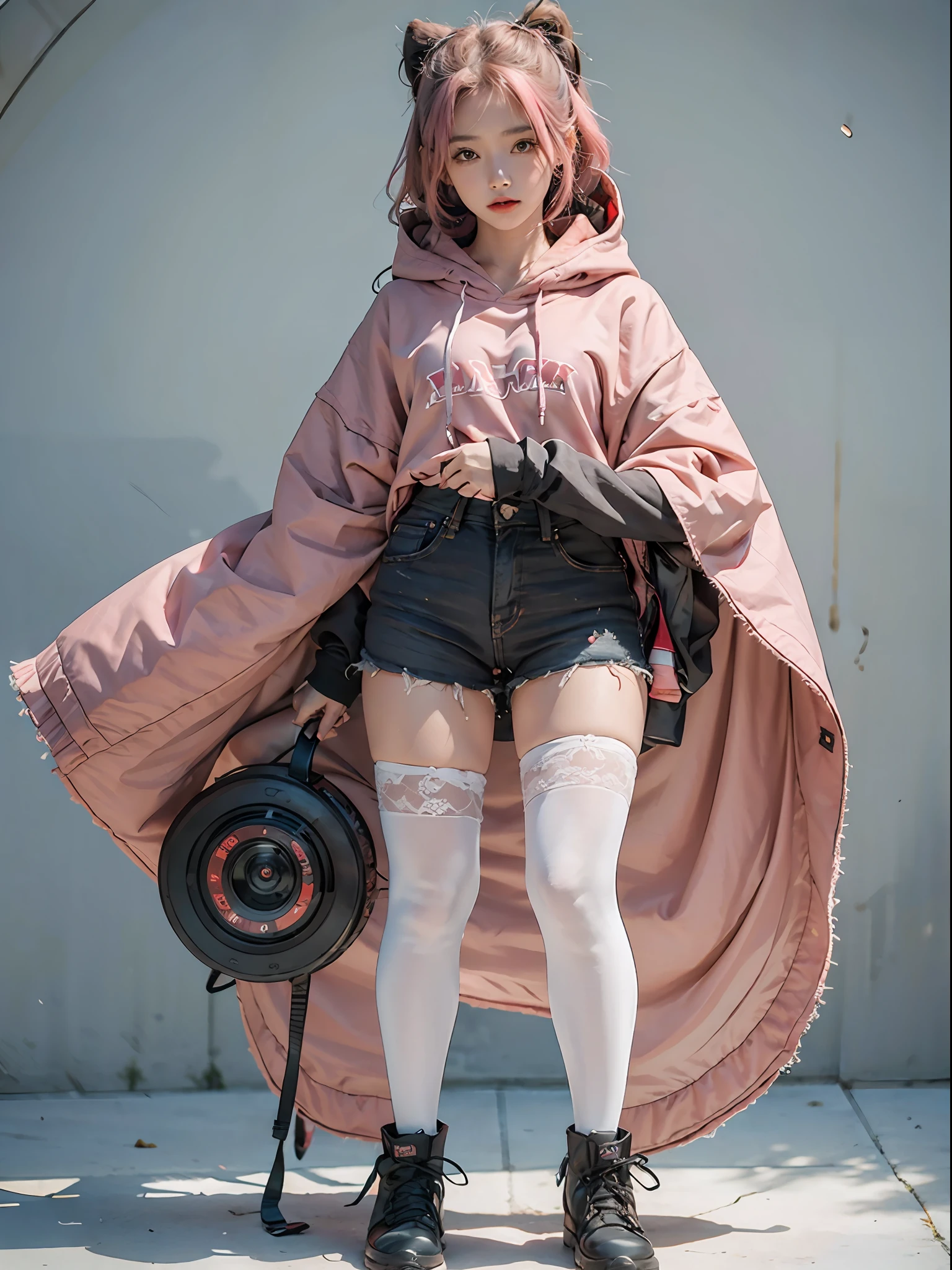 Upper body of a chinese girl, natural lighting, detailed feature, CG, global illumination, random pose, 4k, cinematic, full body, random pose,high quality, best quality, 4k, 8k, single, oversiezed cloth, cloth on, looking at viewer, clear feature, random strawberry logo on the cloth, pink long hair, pink hair, cloth on, hoodie, long white stocking,