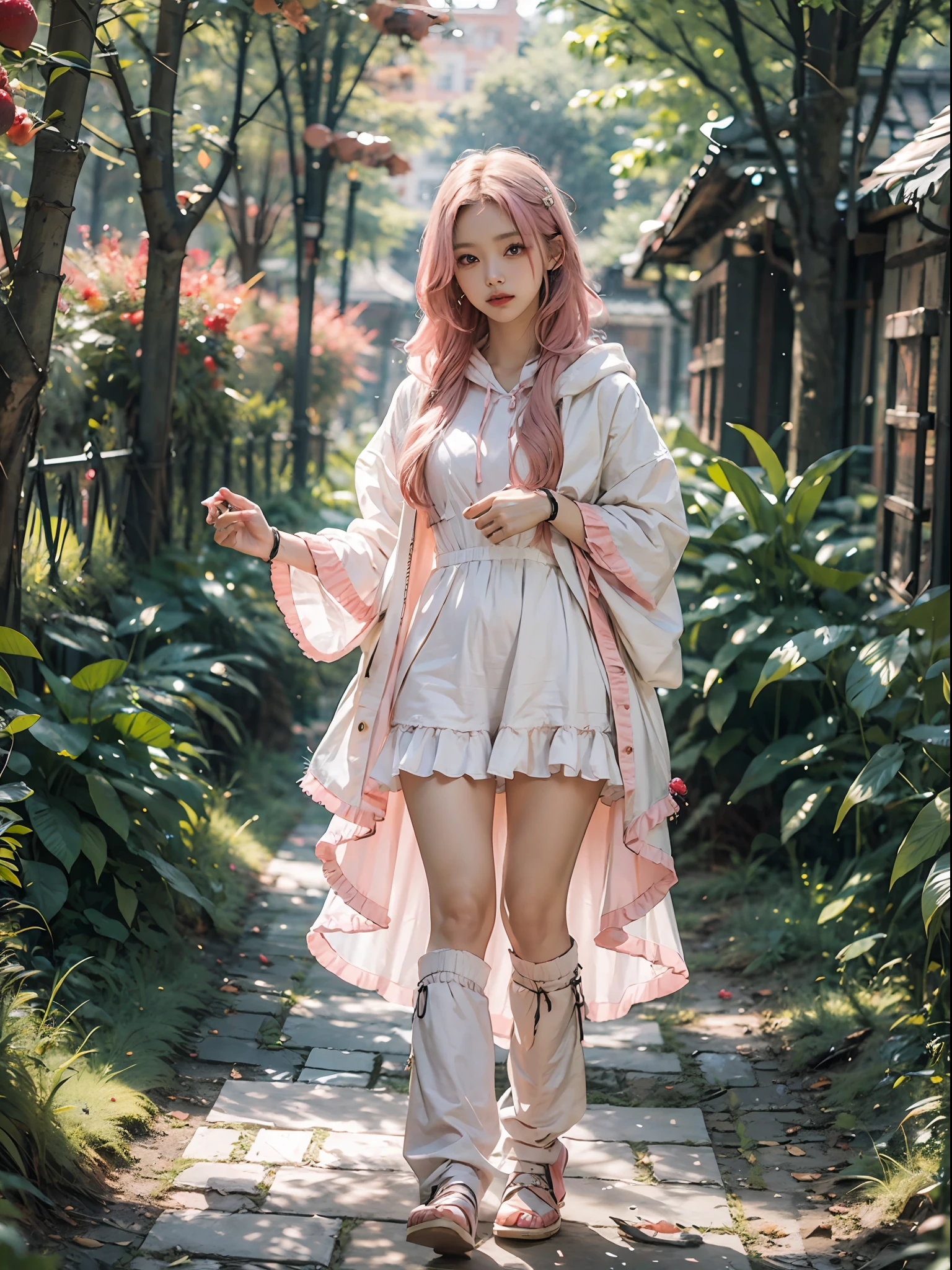 Upper body of a teen chinese girl, natural lighting, detailed feature, CG, global illumination, random pose, 4k, cinematic, full body, random pose,high quality, best quality, 4k, 8k, single, oversiezed cloth, cloth on, looking at viewer, clear feature, random strawberry logo on the cloth, pink long hair, pink hair, cloth on, hoodie, long white stocking,