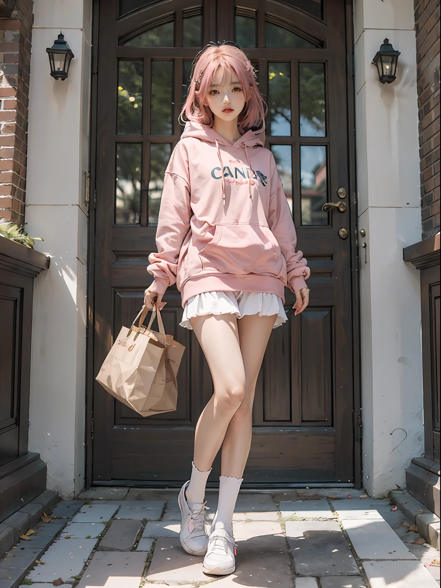 Upper body of a teen chinese girl, natural lighting, detailed feature, CG, global illumination, random pose, 4k, cinematic, full body, long white socks, random pose,high quality, best quality, 4k, 8k, single, oversiezed cloth, cloth on, looking at viewer, clear feature, random strawberry logo on the cloth, pink long hair, pink hair, cloth on, hoodie, long leg, long white stocking,