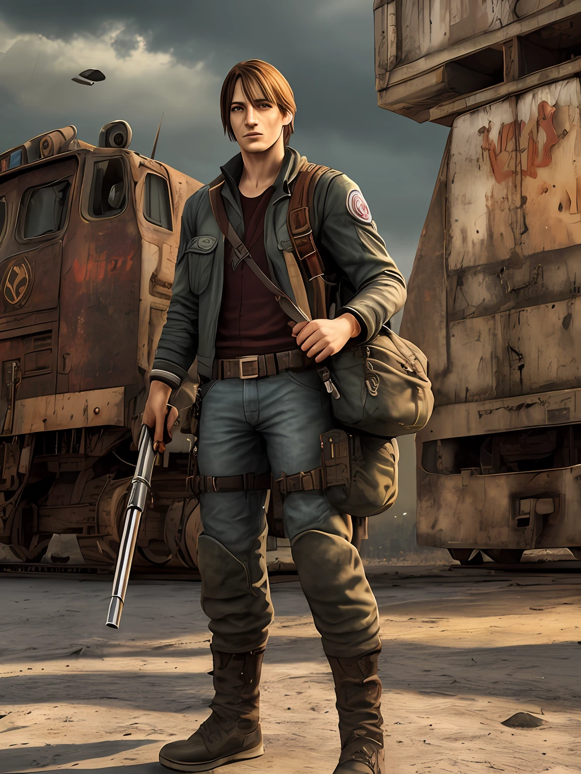 Leon Scott Kennedy e musculoso, rua com raiva, mochila, epic realistic, foto, desbotado, coisas complexas ao redor, fundo intrincado, encharcado, cores neutras, ((((hdr)))), ((((cores suaves)))), cena intrincada, Artistic Station, detalhes intrincados, vinheta