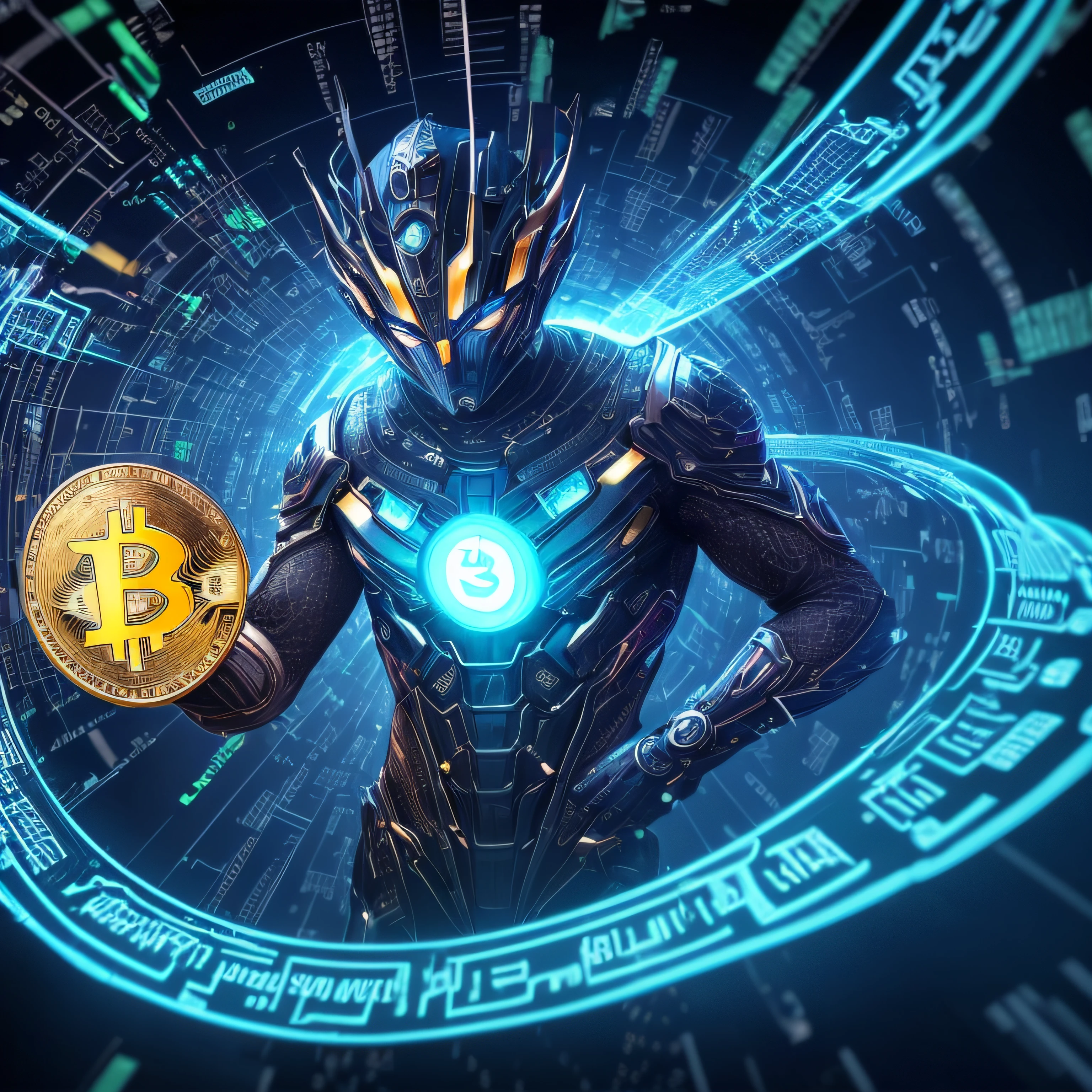 No mundo futurista digital, Cryptocurrency is the main form of financial transaction. The character Etherius is a cryptographic entity that manifests as a humanoid being composed of complex codes and algorithms. Each Etherius NFT is unique, featuring subtle variations in its design that reflect the fluctuations of the cryptocurrency market. With a resplendent aura and cybernetic tones, Etherius embodies the digital financial revolution that transformed the world forever. --auto