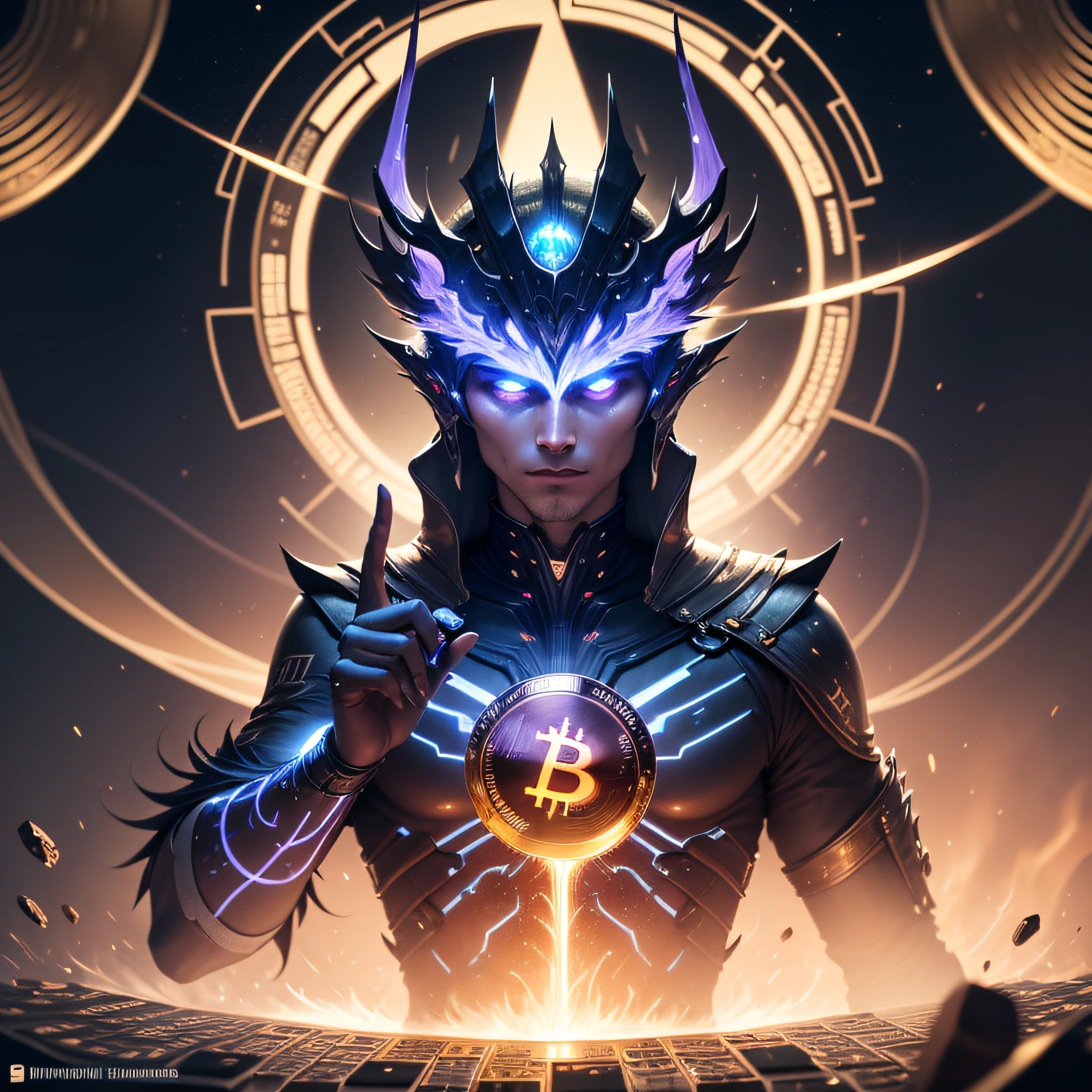 Num mundo digital futurista, Cryptocurrency has established itself as the main form of financial transaction. Etherius, a cryptographic being, materializes in the form of a humanoid being with a body full of complex symbols and mathematical patterns. Each Etherius NFT is unique, displaying subtle variations in its design that reflect the fluctuations of the cryptocurrency market. Com um brilho intenso e cores vibrantes, Etherius embodies the digital financial revolution that transformed the world forever, emanating a technological and futuristic aura. --auto