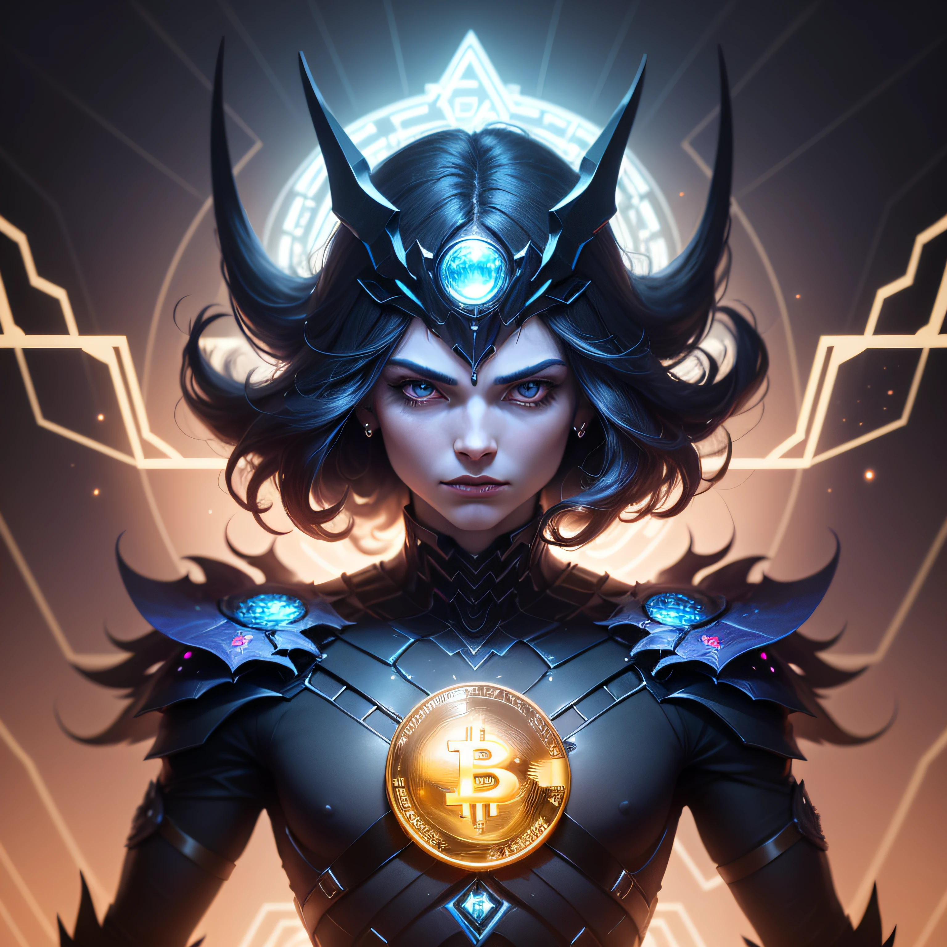 Num mundo digital futurista, Cryptocurrency has established itself as the main form of financial transaction. Etherius, a cryptographic being, materializes in the form of a humanoid being with a body full of complex symbols and mathematical patterns. Each Etherius NFT is unique, displaying subtle variations in its design that reflect the fluctuations of the cryptocurrency market. Com um brilho intenso e cores vibrantes, Etherius embodies the digital financial revolution that transformed the world forever, emanating a technological and futuristic aura. --auto