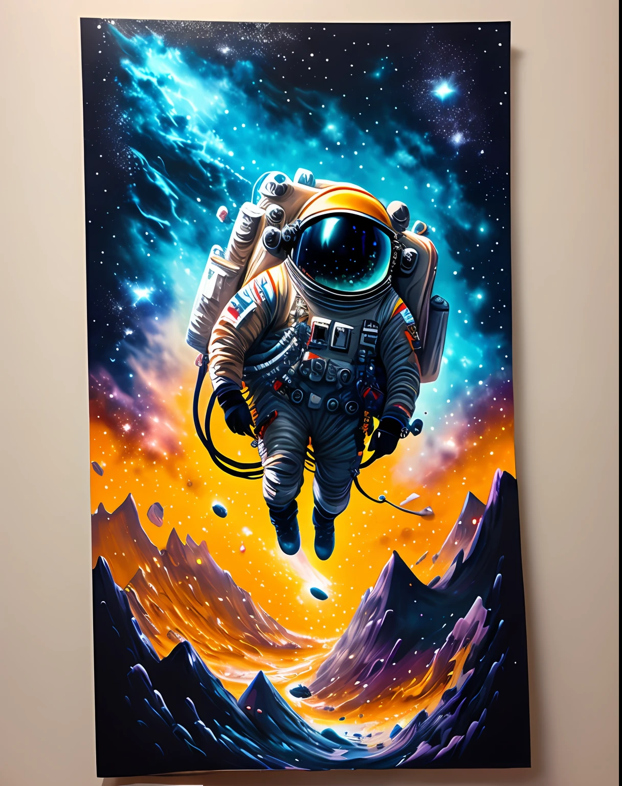 astronauta, in outer space and climbing the asteroid, character rendering, very high quality 8K model, galaxy background, beleza abstrata, explosive volumetric, oild painting, pinceladas pesadas, pingos de tinta coloridos