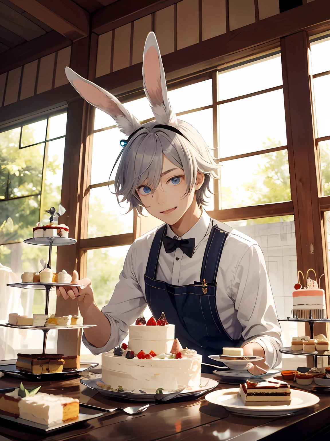 illutst、Cute Boy、Silver-haired blue-eyed rabbit ears、diadem、Fantasia、独奏、Rabbit ears、Rabbit ears、Decoration cake、Whole cakes、Fresh cream、Refreshing breeze、Lazy afternoon、Elegant tea ceremony、Eating cake、um homem、twinks、Solo、Knives and forks
