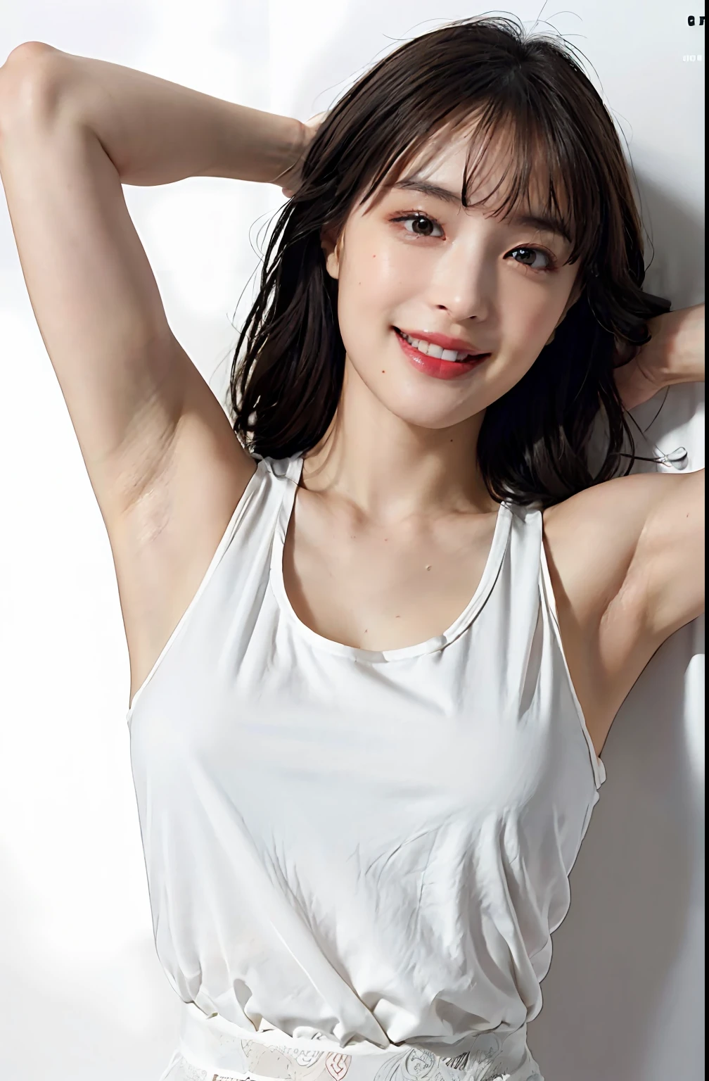 (Ultra Real), (Illustration), (High Resolution), (8K), (Very Detailed), (Best Illustration), (Beautiful Detailed Eyes), (Best Quality), (Ultra Detailed), (Masterpiece), (Wallpaper), (Detailed Face), Bed, Upper Body Up, Armpits, Smiles, Plump,Solo,Simple White Tank Top Girl, Sweaty, Japan Person, Big, (Camel Toe)