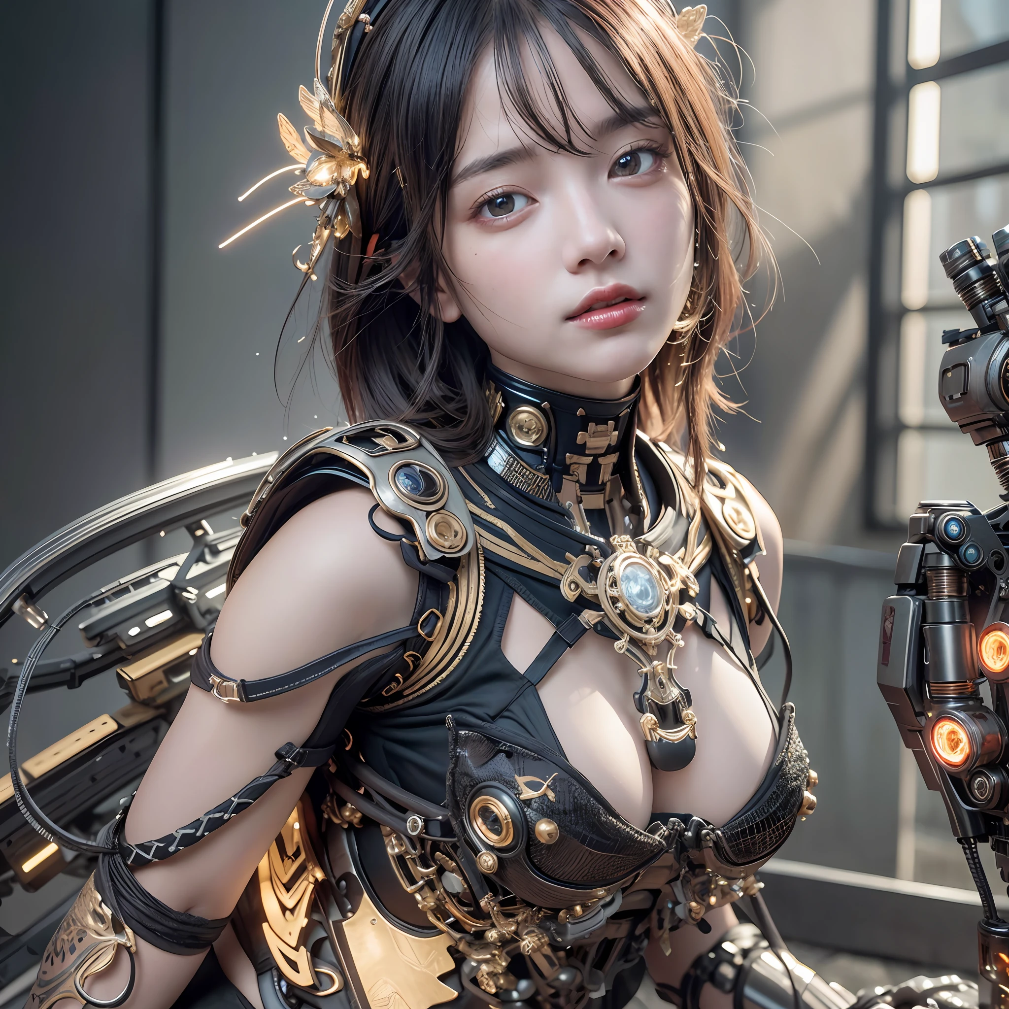 1mechanical girl,((ultra realistic details)), portrait, global illumination, shadows, octane render, 8k, ultra sharp,metal,intricate, ornaments detailed, cold colors, egypician detail, highly intricate details, realistic light, trending on cgsociety, glowing eyes, facing camera, neon details, machanical limbs,blood vessels connected to tubes,mechanical vertebra attaching to back,mechanical cervial attaching to neck,sitting,wires and cables connecting to head