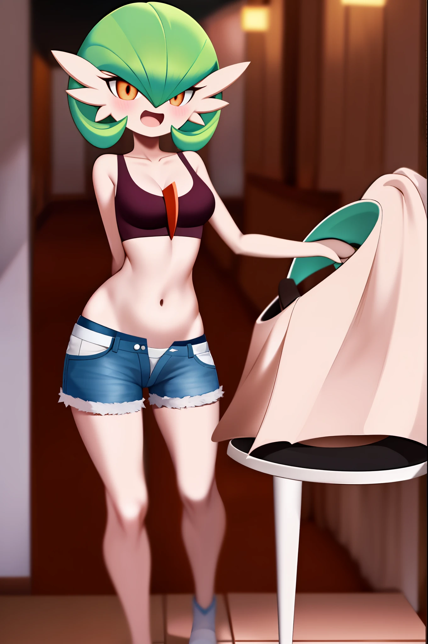 obra maestra, best_quality, 1girl, solo, gardevoir, criaturas \(Company\), game freak, nintendo, pokemon, pokemon \(juego\), flequillo, piel coloreada, enfoque femenino, pecho plano, pokemon gen 3, cabello verde, piel de porcelana, cabello sobre un ojo, pokemon \(criatura\), ojos rojos, cabello corto, piel blanca, en un restaurante, de noche, escenario nocturno, usando uniforme de hooters, usa una playera blanca, shorts naranja, shorts anaranjados, shorts color naranja, vientre expuesto, riendo, sonrisa, rubor, tiene una jarra de cerveza en cada mano.
