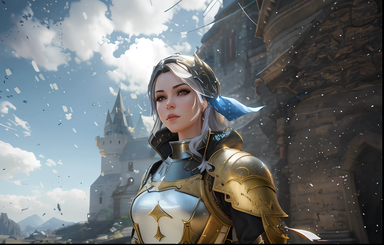 a close up of a woman in armor standing in front of a castle, artgerm ; 3d unreal engine, unreal engine render + a goddess, gorgeous female paladin, akihiko yoshida. unreal engine, unreal engine character art, unreal engine fantasy art, portrait knight female, unreal engine 5 », unreal engine', made in unreal engine 5