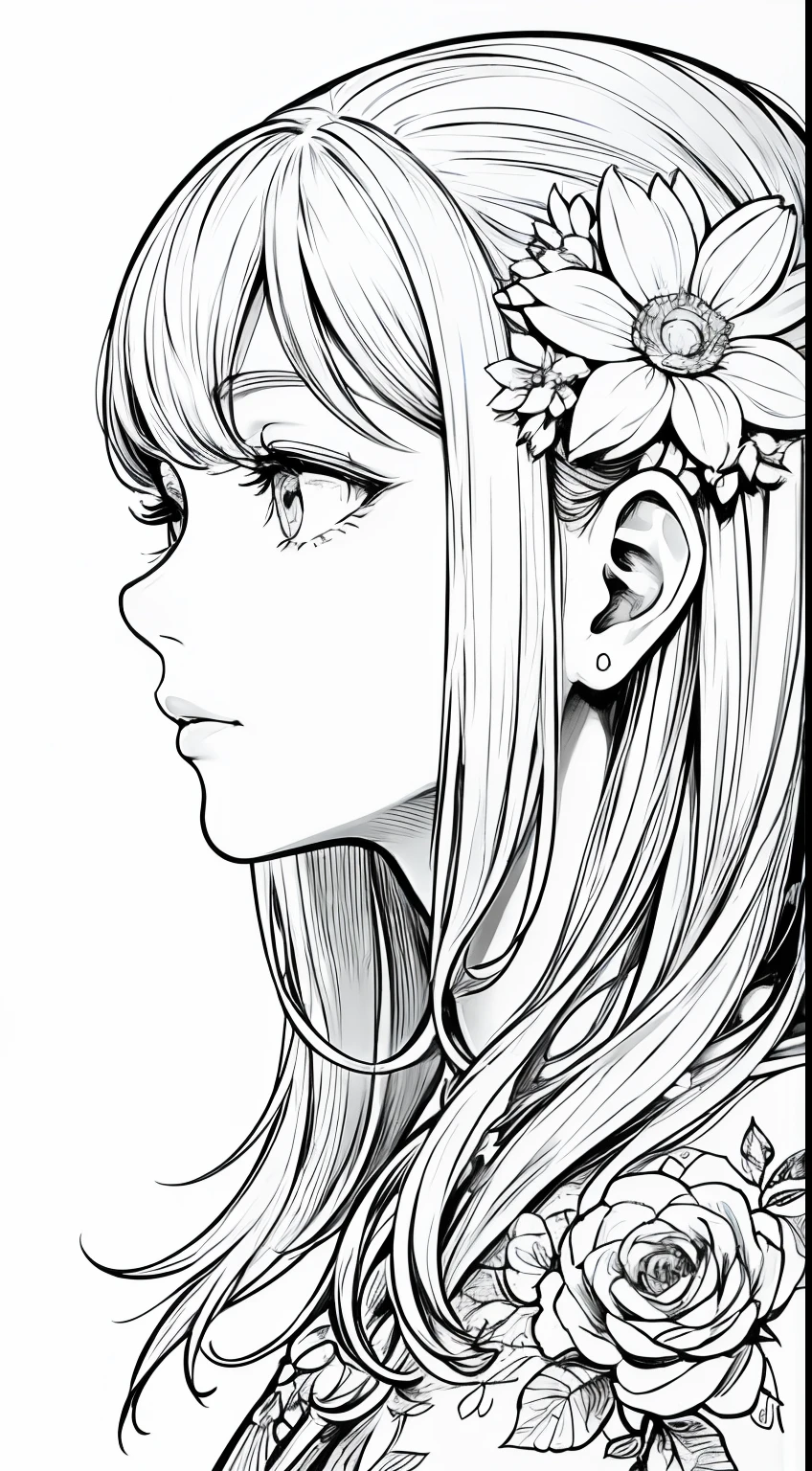"obra maestra, acura, wrist, solo, textura suave, cabello largo, perfil lateral prominente, flores detalladas en el fondo, detalle ultra-claro, monochrome style, dibujo lineal, (boceto: 1.3), perspectiva de primer plano".