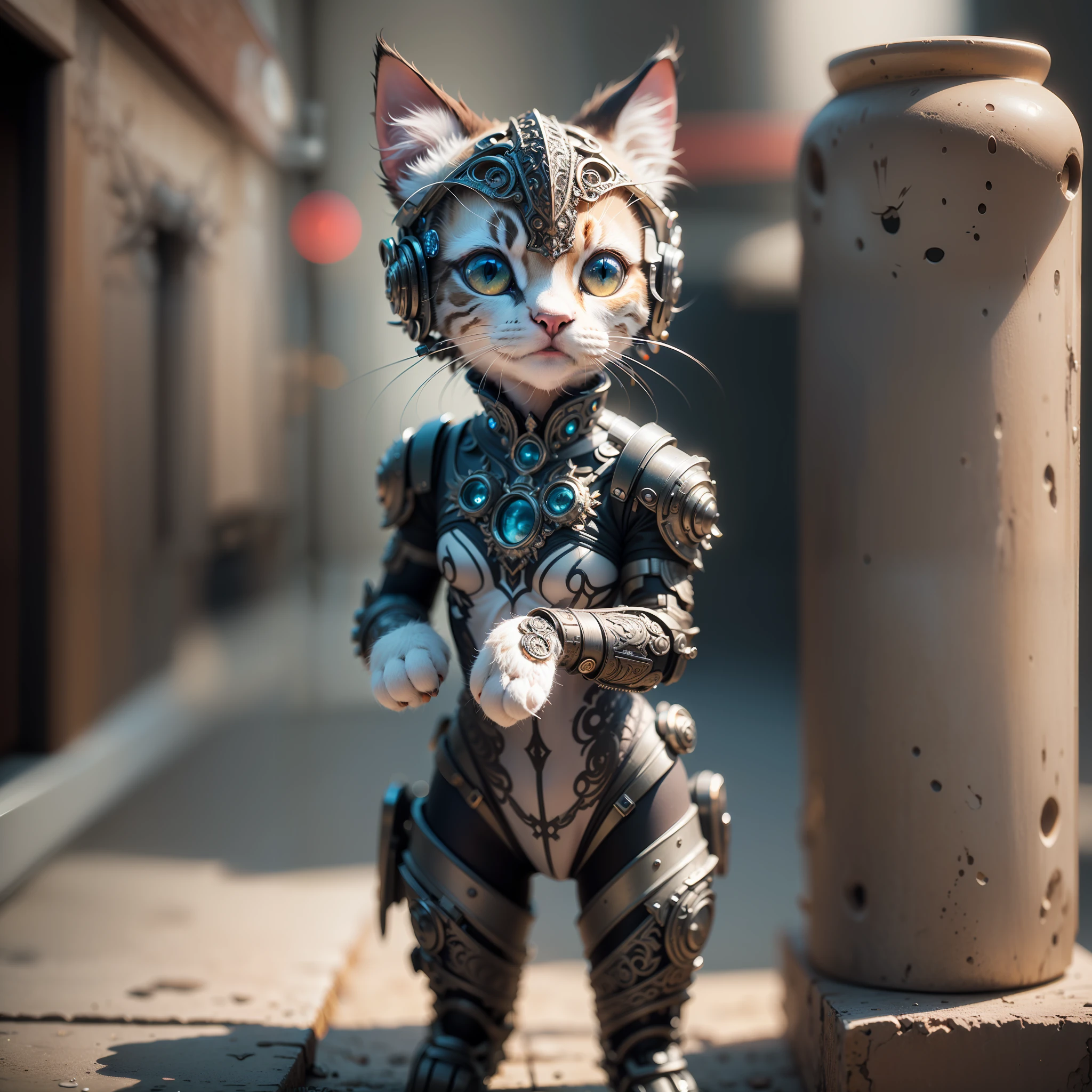 ((Best quality)), ((masterpiece)), (detailed: 1.4), 3D, a cute kitten made of metal, cyborg, cyberpunk style, (((intricate details)), hdr, (((intricate details, hyperdetailed)), cinematic shot, vignette