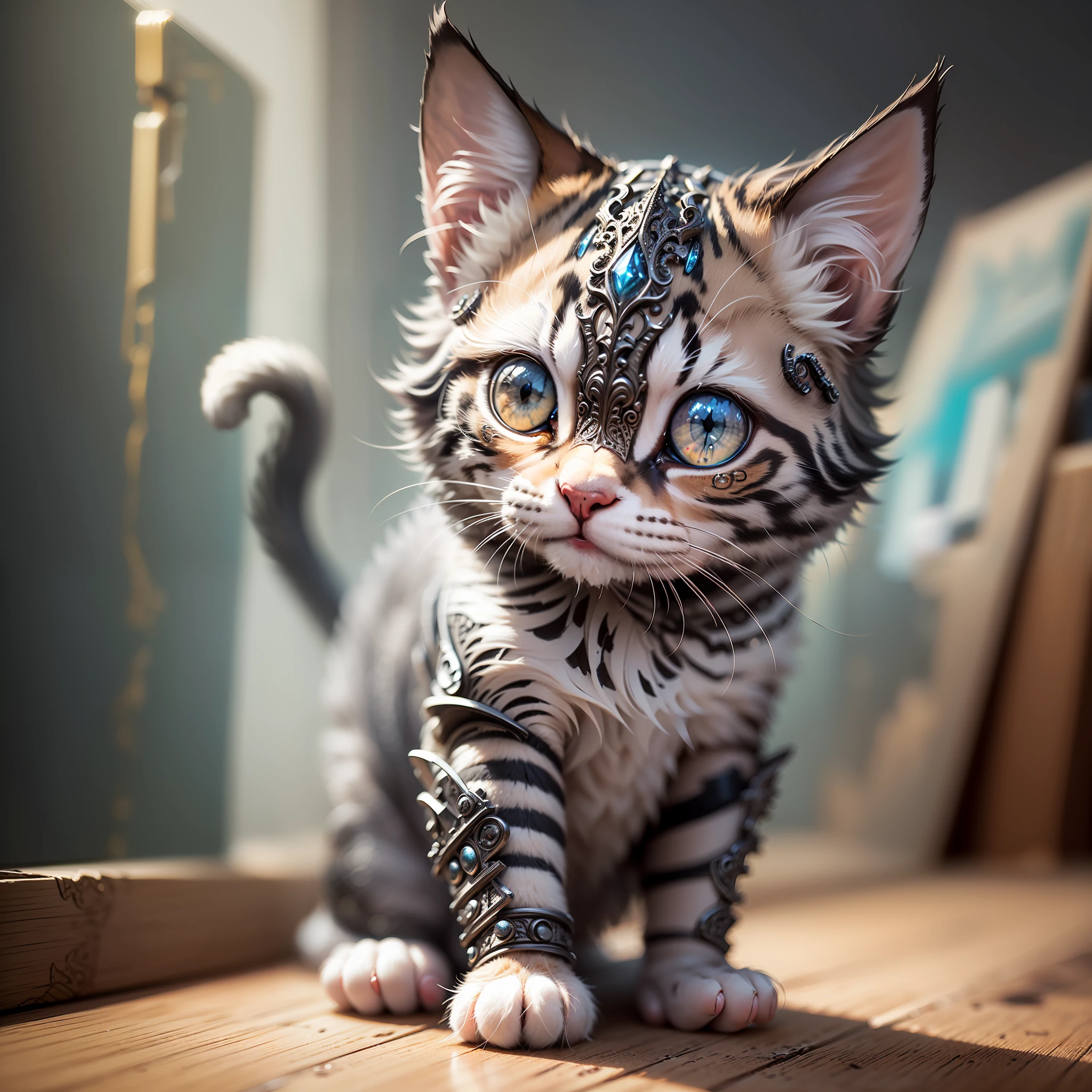 ((Best quality)), ((masterpiece)), (detailed: 1.4), 3D, a cute kitten made of metal, cyborg, cyberpunk style, (((intricate details)), hdr, (((intricate details, hyperdetailed)), cinematic shot, vignette