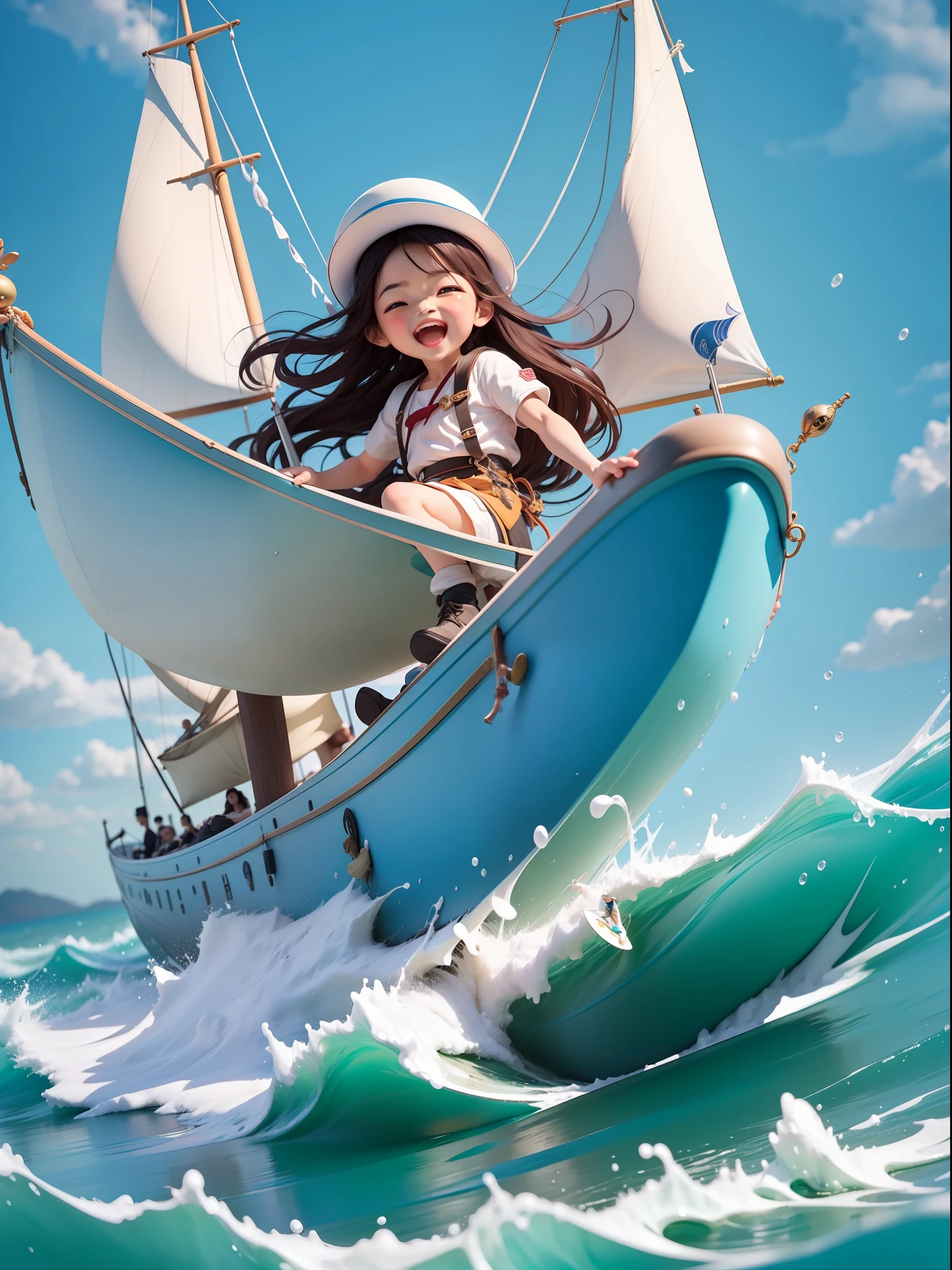 chibi:1.3,1boys:A man surfs on a sailboat at sea,sailing ship,Blue sea,black long hair,Dressed in white,Open your mouth and laugh