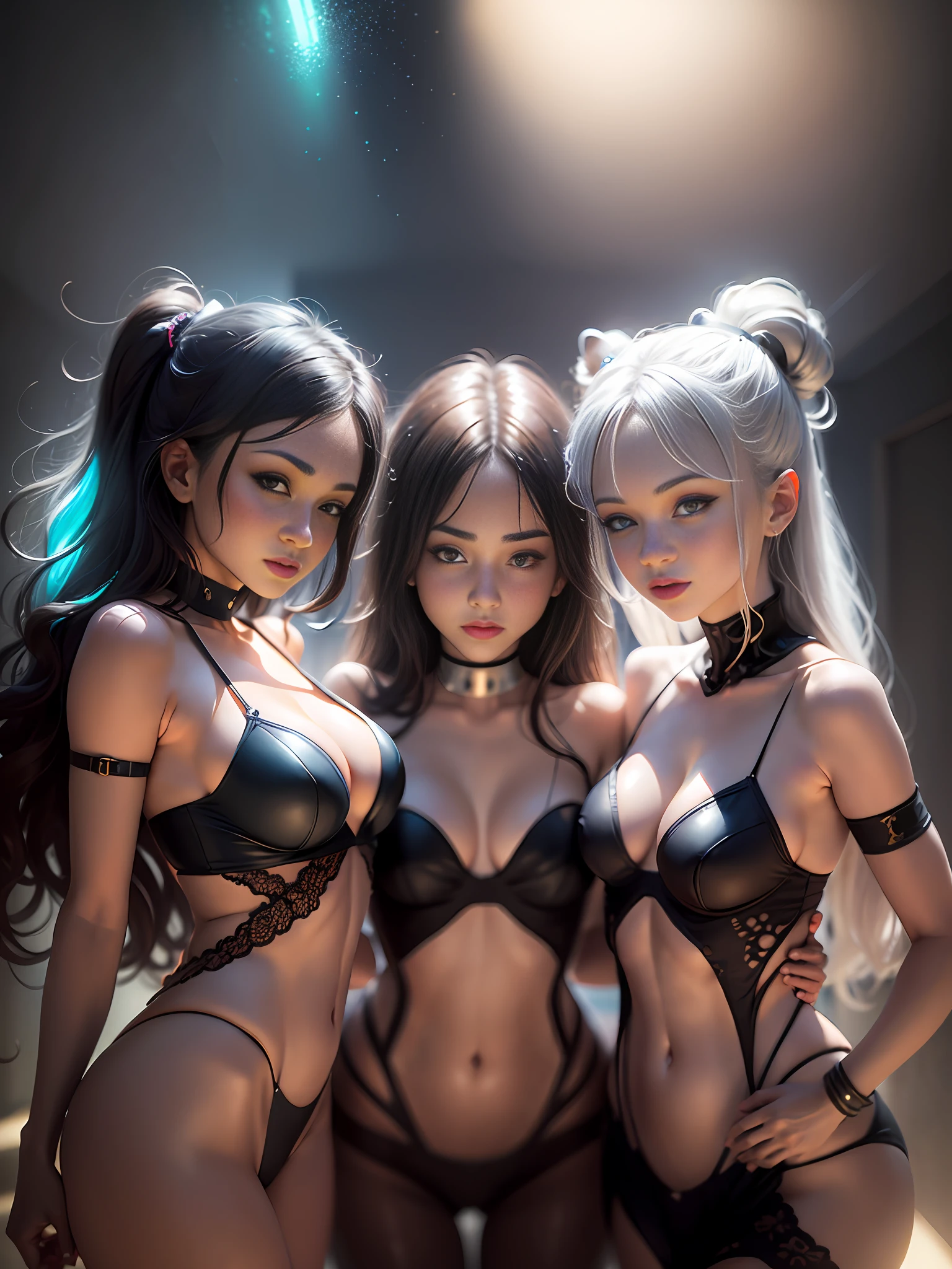 ((sexy woman)),((group of girls)), delicious lighting, blurred background, exceptional costume design, seductive, charming, artistic and memorable pose. Volumetric light accentuating the atmosphere. Girls surround the sexy woman and create an interesting contrast in the overall composition. The colors are rich and contrasting. The image is attractive and has a high visual impact. It's a work of art!) --auto --s2