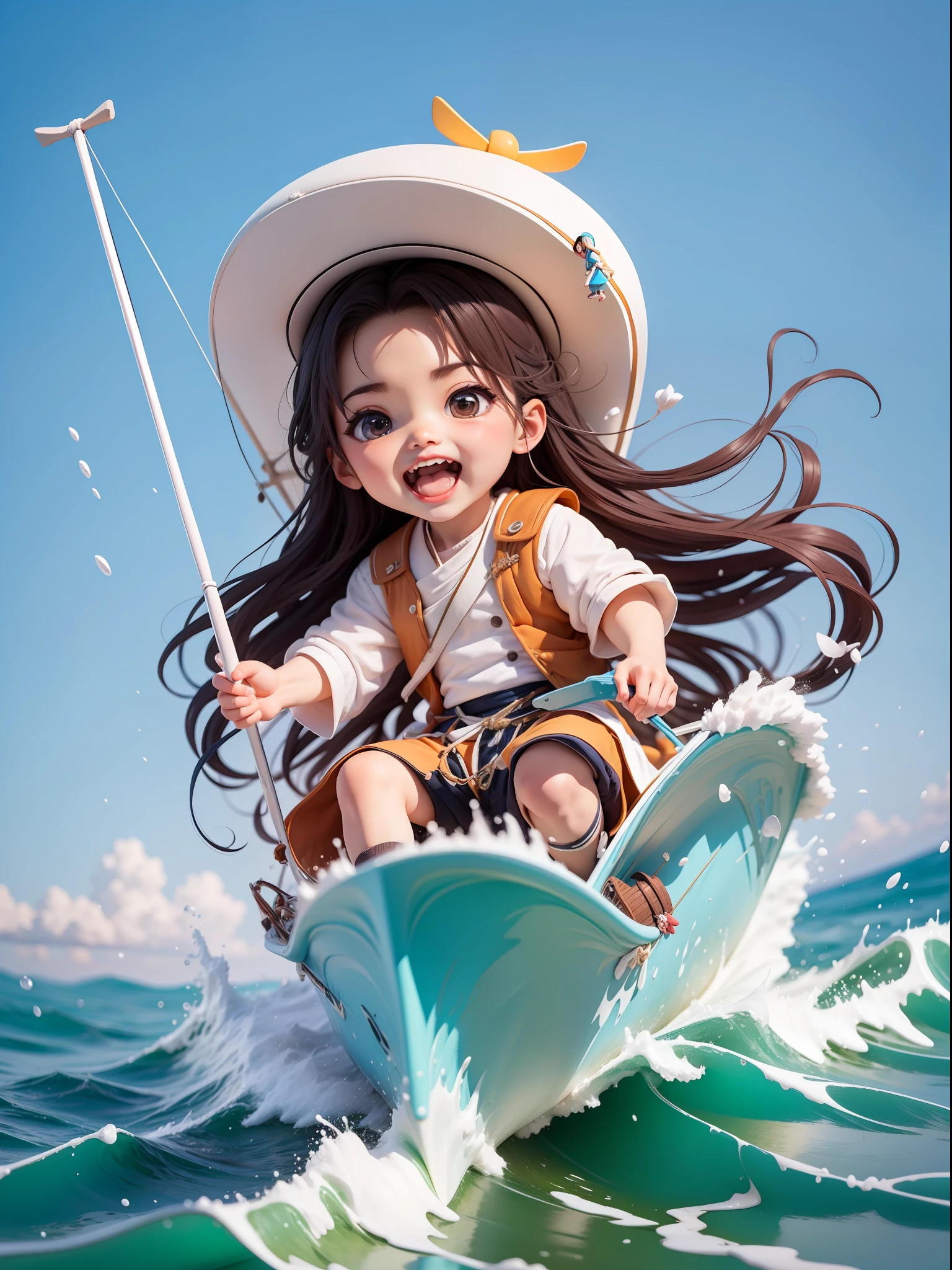 chibi:1.3,1boys:A man surfs on a sailboat at sea,sailing ship,Blue sea,black long hair,Dressed in white,Open your mouth and laugh