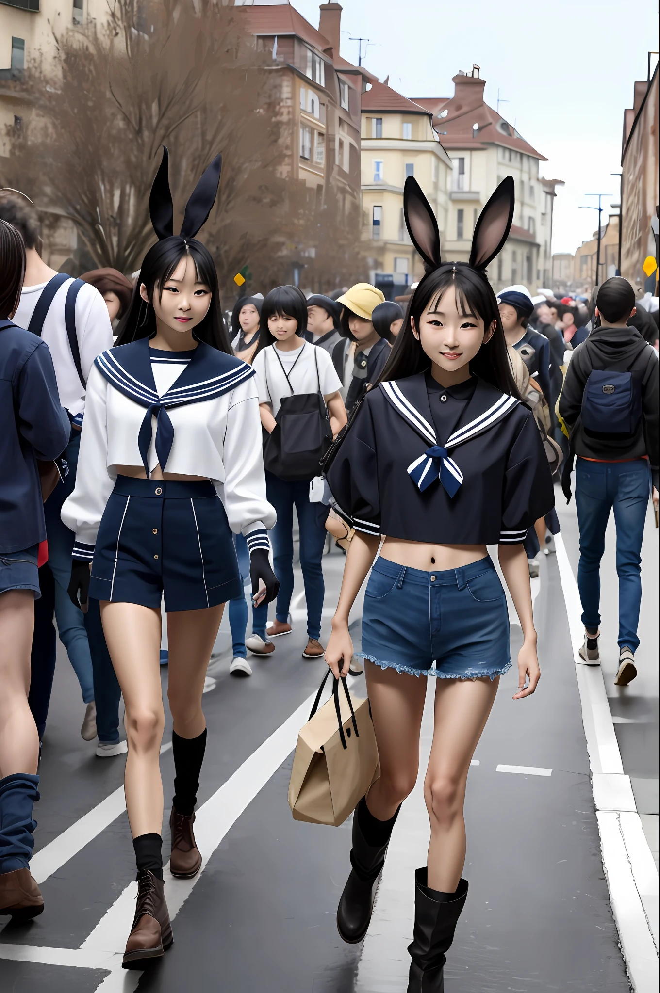 hiqcg body、hiqcface、(ulzzang-6500:0.4)、(puerosface_v 1:0.9)、Realistic、(photorealestic:1.3)
sailor collar、croptop、neckerchief、micro-skirt、High-leg shorts、Black Shorts、Striped thighs、Rabbit ears、elbow gloves、boots、Bare shoulders、Public place、In the street、Crowds、ten mens々、A masterpie、beste Quality、Elaborate design