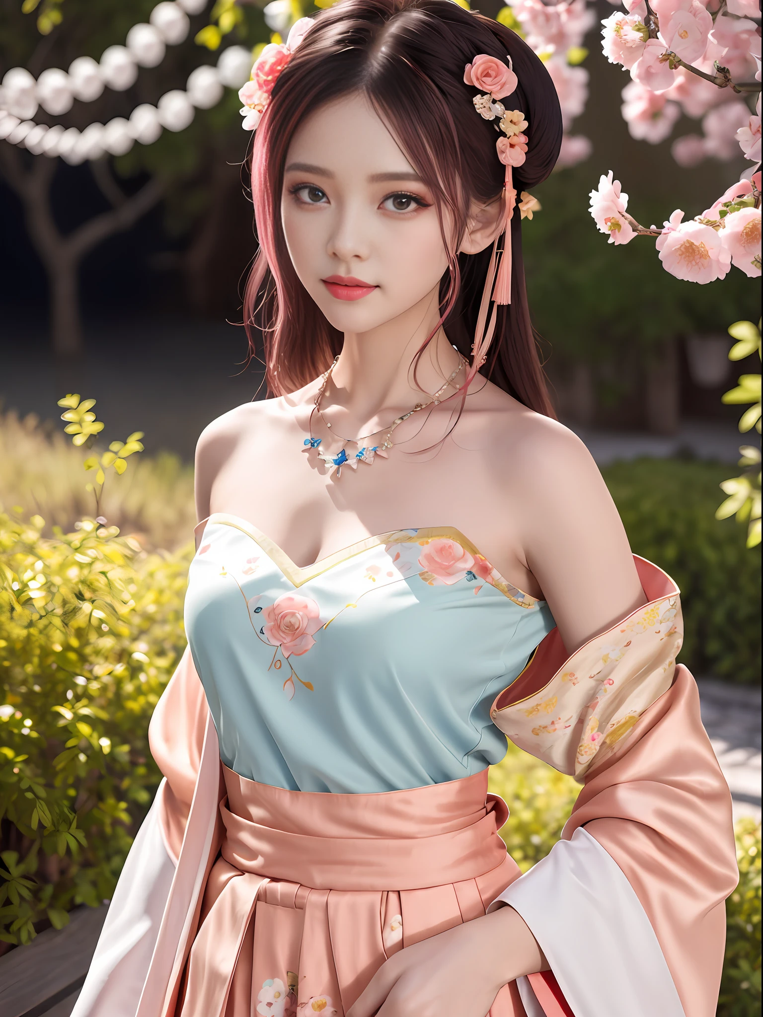 Best Quality, Masterpiece, High Resolution, 4K, 8K, Very Realistic, Real, Photography, Photo, 1girl, Solo, Mature and Beautiful Girl, Random Action, Facing the Audience, Exuding Charm, (Detailed Hanfu, Gorgeous Hanfu, Long Skirt, Streamers), Bandeau, cleavage, leaky shoulders, (very detailed skin), Beautiful Peugeot face, (big eyes, high detail eyes), blush, star pupils, high-detail eyelashes, pink hair, (beautiful hair accessories), necklaces, jewelry, outdoor, courtyard, Full of peach blossoms, rich background, light sense, 8K UHD, DSLR, soft light, high quality