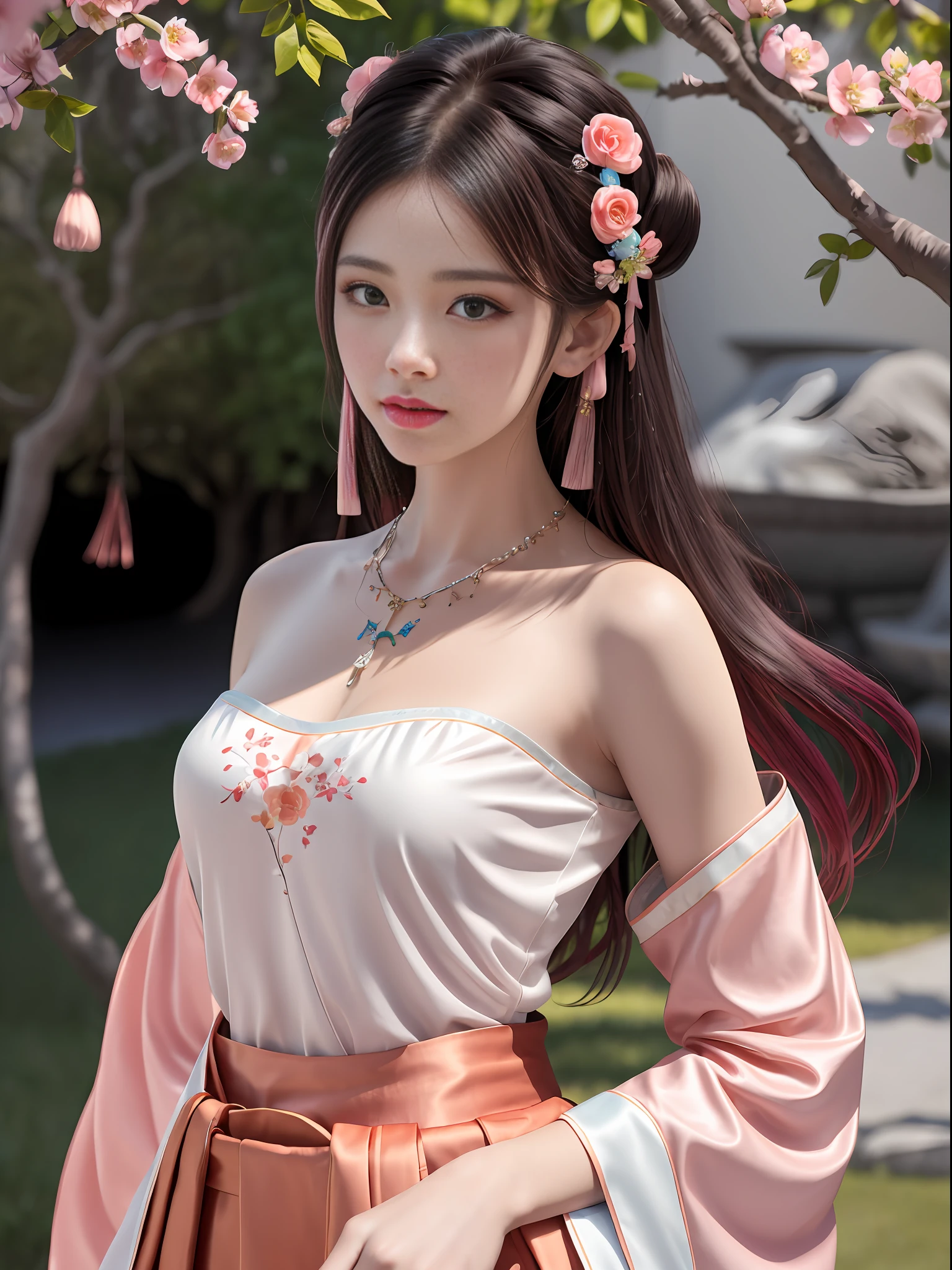 Best Quality, Masterpiece, High Resolution, 4K, 8K, Very Realistic, Real, Photography, Photo, 1girl, Solo, Mature and Beautiful Girl, Random Action, Facing the Audience, Exuding Charm, (Detailed Hanfu, Gorgeous Hanfu, Long Skirt, Streamers), Bandeau, cleavage, leaky shoulders, (very detailed skin), Beautiful Peugeot face, (big eyes, high detail eyes), blush, star pupils, high-detail eyelashes, pink hair, (beautiful hair accessories), necklaces, jewelry, outdoor, courtyard, Full of peach blossoms, rich background, light sense, 8K UHD, DSLR, soft light, high quality