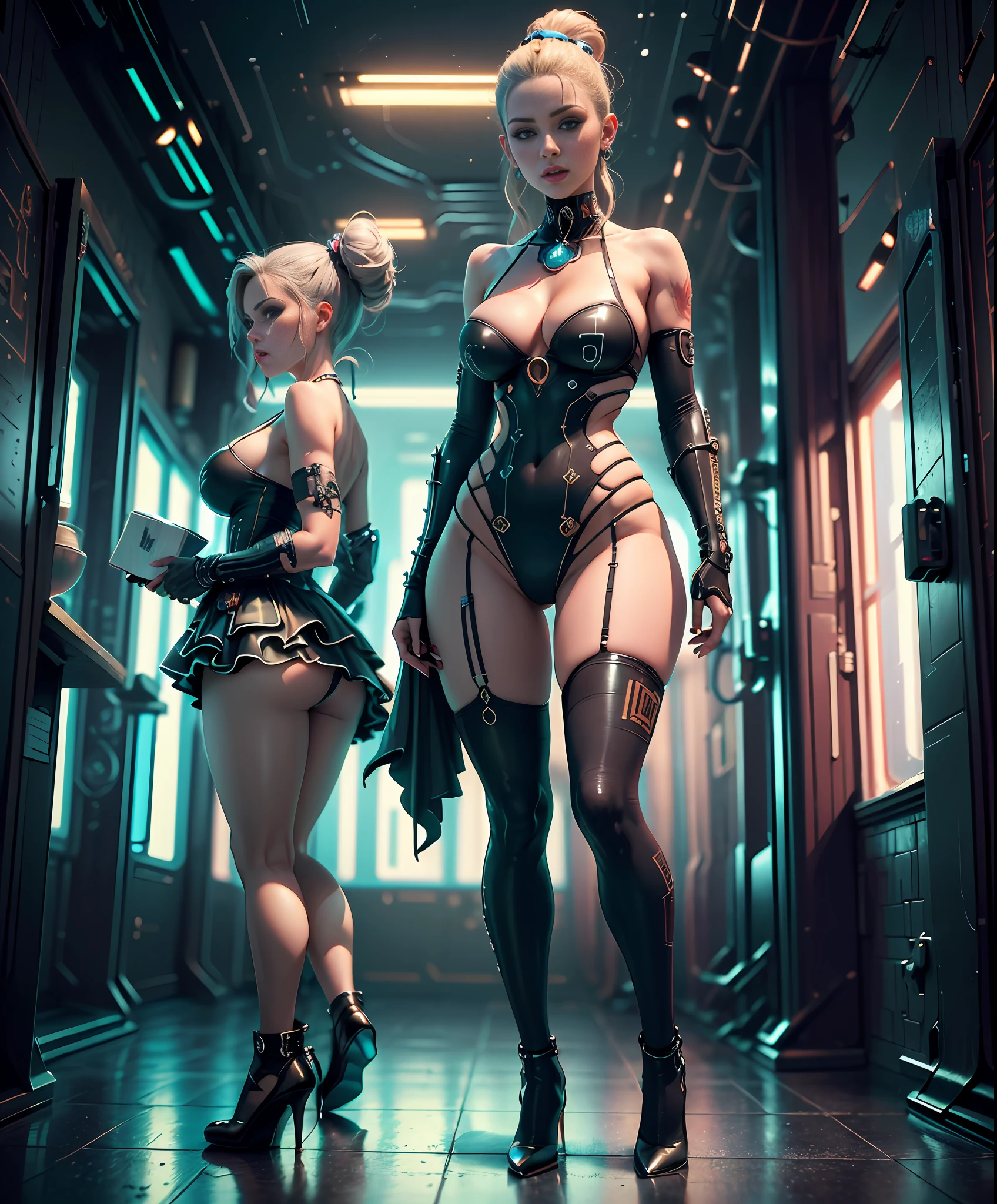 ((melhor qualidade)), ((Masterpiece)), (circunstanciado: 1.4), ..3d, Cyberpunk, mulher bonita com seios grandes, quadris grossos, vestida com cosplay extremamente sexy da Mulher-Gato.Lates Mini Saia,Calcinha Branca,