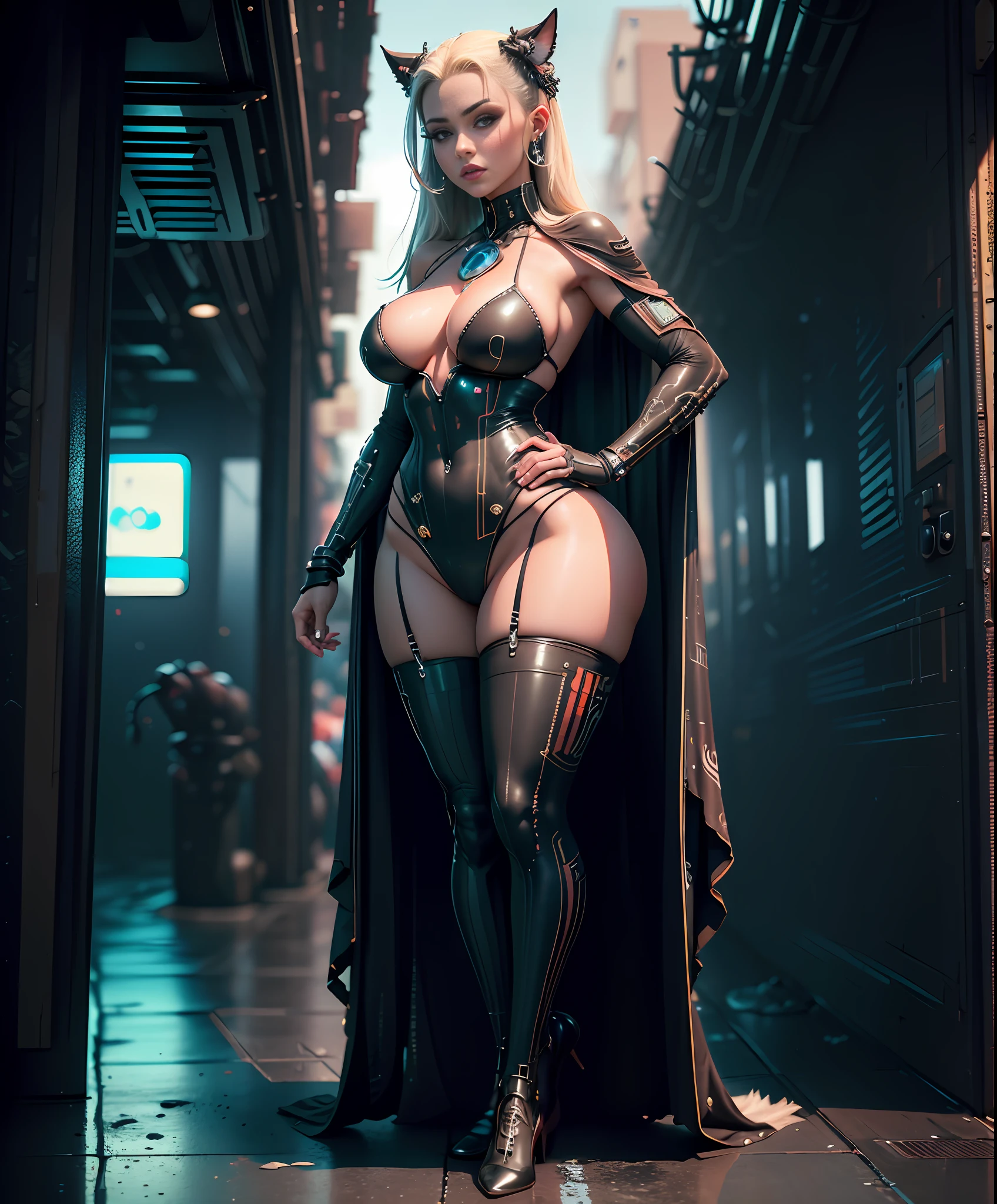 ((melhor qualidade)), ((Masterpiece)), (circunstanciado: 1.4), ..3d, Cyberpunk, mulher bonita com seios grandes, quadris grossos, vestida com cosplay extremamente sexy da Mulher-Gato.Lates Mini Saia,Calcinha Branca,