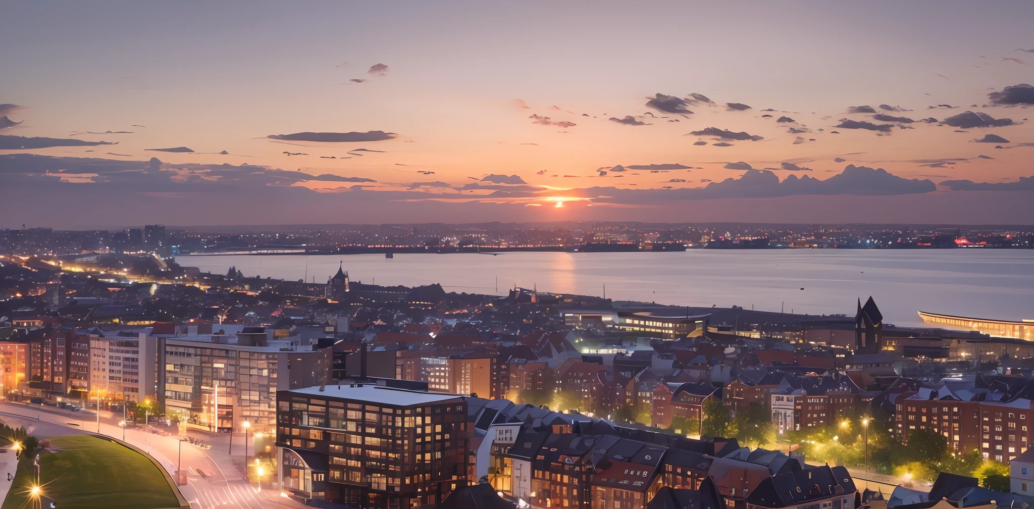 poland gdańsk city sea and big parks with a beach in year 2050 people walking on the sun and pink sunset --auto --s2