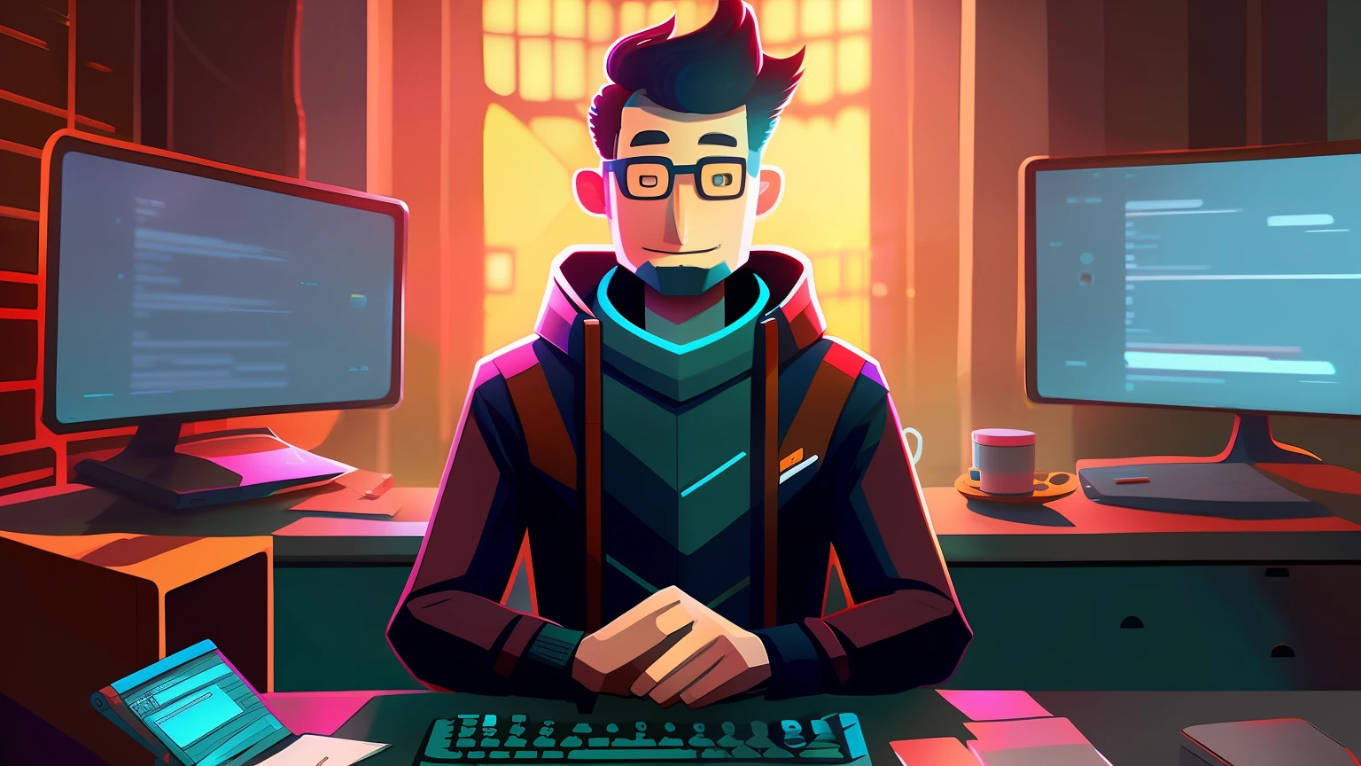 there is a man sitting at a desk with a keyboard and a computer, metaverse concept art, future coder man looking on, rossdraws global illumination, recusion beeple, digital art render, keyframe illustration, official illustration, inspired by Liam Wong, daniel maidman octane rendering, 2020 video game screenshot, 3 d render beeple