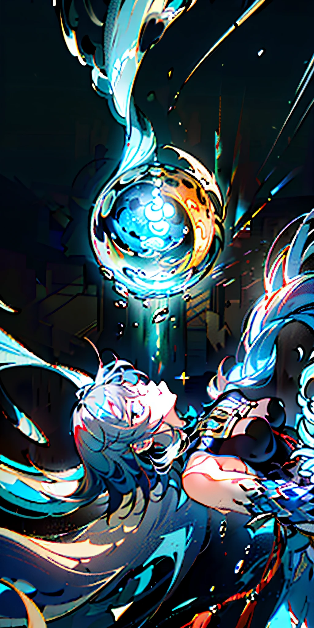 (A mais alta qualidade de imagem),(Trabalho de mestrado),(ultra-detalhado),(Detailed eyes description:1.0),(Reflexo da lente:1.0),(movie poster:1.0),(Tarot border:1.0),the portrait is centered,(Close-up:1.0),(nagative space:0.8),(negative space:1.6),(somente),(teia colorida flutuante:1.0),(muitos picos coloridos:1.0),(floating aqua droplets:1.0),(water magic:1.0), (luz solar fraca,raios de luz,caustics:1.2), (iridescente:1.0),(Belo brilho detalhado:1.0),(leaning back:1.2),(grim expression:1.0),(pequeno:1.0),(boca aberta:1.0),(eyelashes),um olho fechado,(cabelos azuis claros:1.4),(cabelos longos:1.0),(Visualizador voltado:1.3),(head tilt:1.0),(dinamic pose:1.1),(asymmetrical hair:1.2),(laranja,(casual,roupas casuais),(saia em camadas),(Olhos cinzentos:1.4),franja diagonal,Caudas duplas altas,broca de cabelo,pelagem longa,(Cabo flutuante:1.0),,(Resumo Antecedentes:1.4),(:1.1),(Salto:1.1),(So:1.1),(parte superior do corpo:1.25),pensante, Alunos de fenda, + +, Ganyu, ombros nus, Bodysuit, (luvas brancas:1.3), black and red twin horns, sonolento}