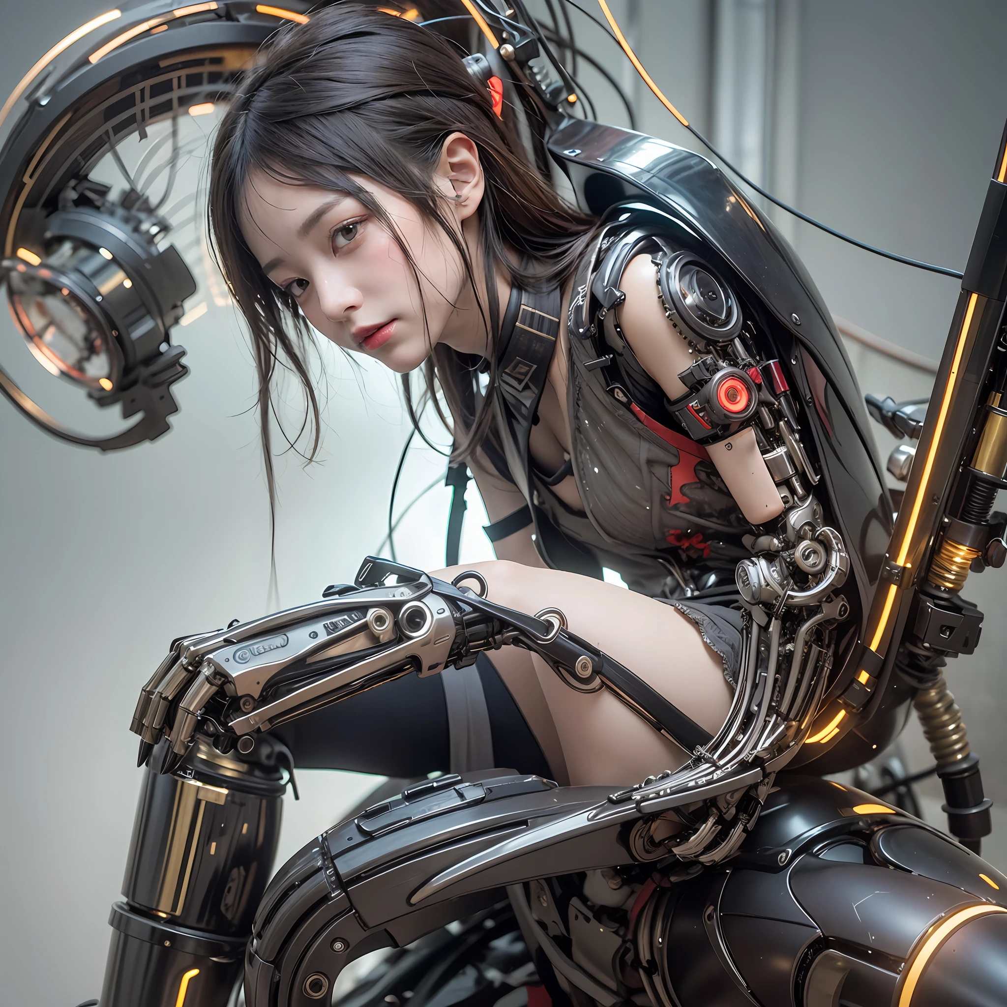 1 Mechanical Girl、((ultra realistic details))、portlate、Global Illumination、Shadow、Rendu octane、8K、ultrasharp、metalic、Details of complex ornaments、cold colors、Egyptian Detail、high intricate details、Realistic light、CGSoation Trends、shinning eyes、Facing the camera、neon details、Mechanical limbs、blood vessels connected to tubes、Mechanical vertebrae attached to the back、mechanical cervical attaching to neck、sitting on、Wires and cables connecting to the head、full full body