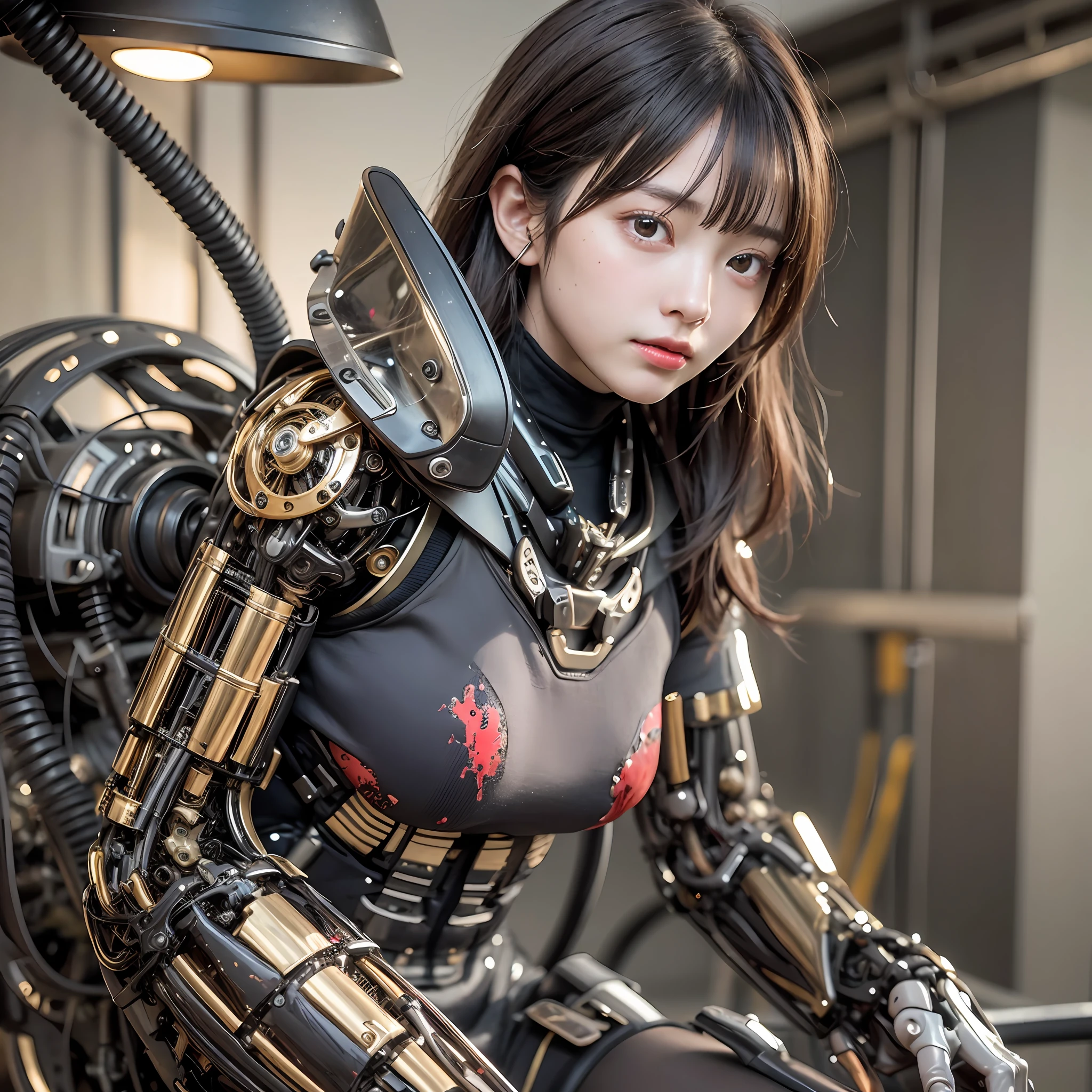 1 Mechanical Girl、((ultra realistic details))、portlate、Global Illumination、Shadow、Rendu octane、8K、ultrasharp、metalic、Details of complex ornaments、cold colors、Egyptian Detail、high intricate details、Realistic light、CGSoation Trends、shinning eyes、Facing the camera、neon details、Mechanical limbs、blood vessels connected to tubes、Mechanical vertebrae attached to the back、mechanical cervical attaching to neck、sitting on、Wires and cables connecting to the head、full full body