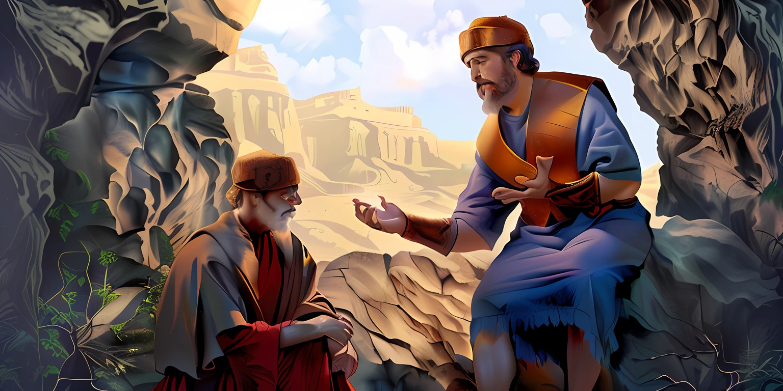 pintura de um homem e uma mulher sentados em uma rocha, bible illustration, epic biblical representation, biblical painting, biblical art style, Directed by: Juan O'Gorman, biblical art, Directed by: Scott Gustafson, full color illustration, Directed by: Scott M. Fischer, Directed by: Bernard Meninsky, Steve Henderson e Mark Brooks, Directed by: John La Gatta, Directed by: Jason Felix