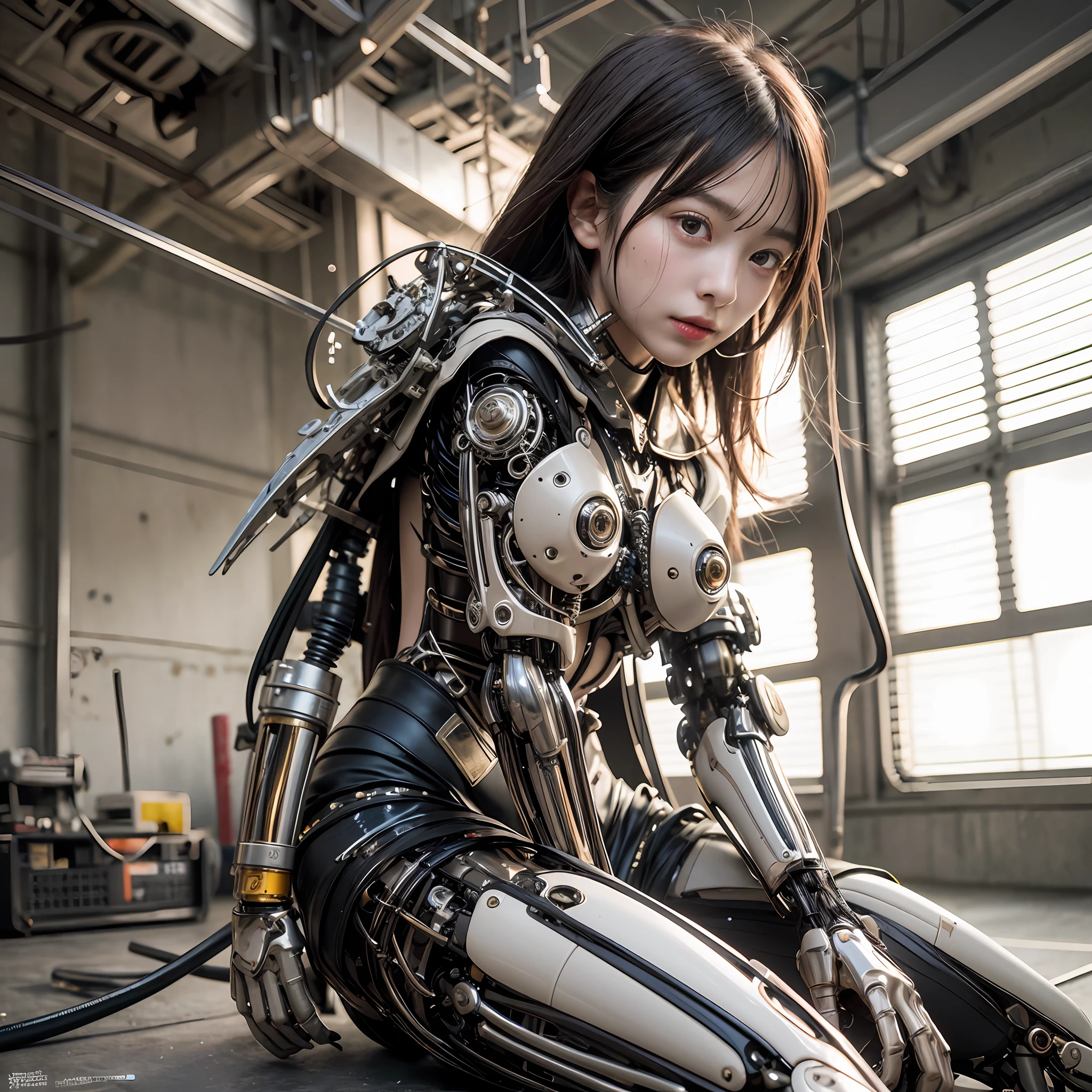1 Mechanical Girl、((ultra realistic details))、portlate、Global Illumination、Shadow、Rendu octane、8K、ultrasharp、metalic、Details of complex ornaments、cold colors、Egyptian Detail、high intricate details、Realistic light、CGSoation Trends、shinning eyes、Facing the camera、neon details、Mechanical limbs、blood vessels connected to tubes、Mechanical vertebrae attached to the back、mechanical cervical attaching to neck、sitting on、Wires and cables connecting to the head、full full body