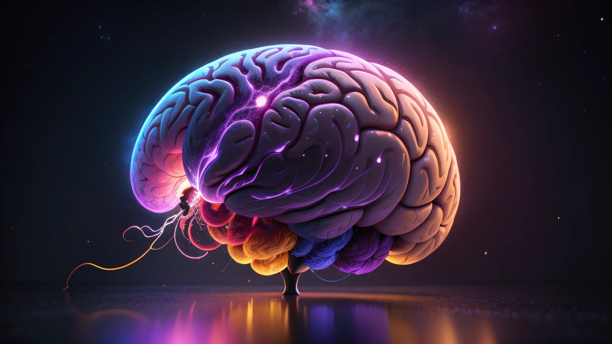 A cute and shiny 3D brain, com um estilo de desenho animado infantil. The brain has large, expressive eyes, plus rosy cheeks. The lighting is soft, creating a warm and cozy environment around the brain. The camera captures the brain from above, showing off its rounded and adorable shape. --auto