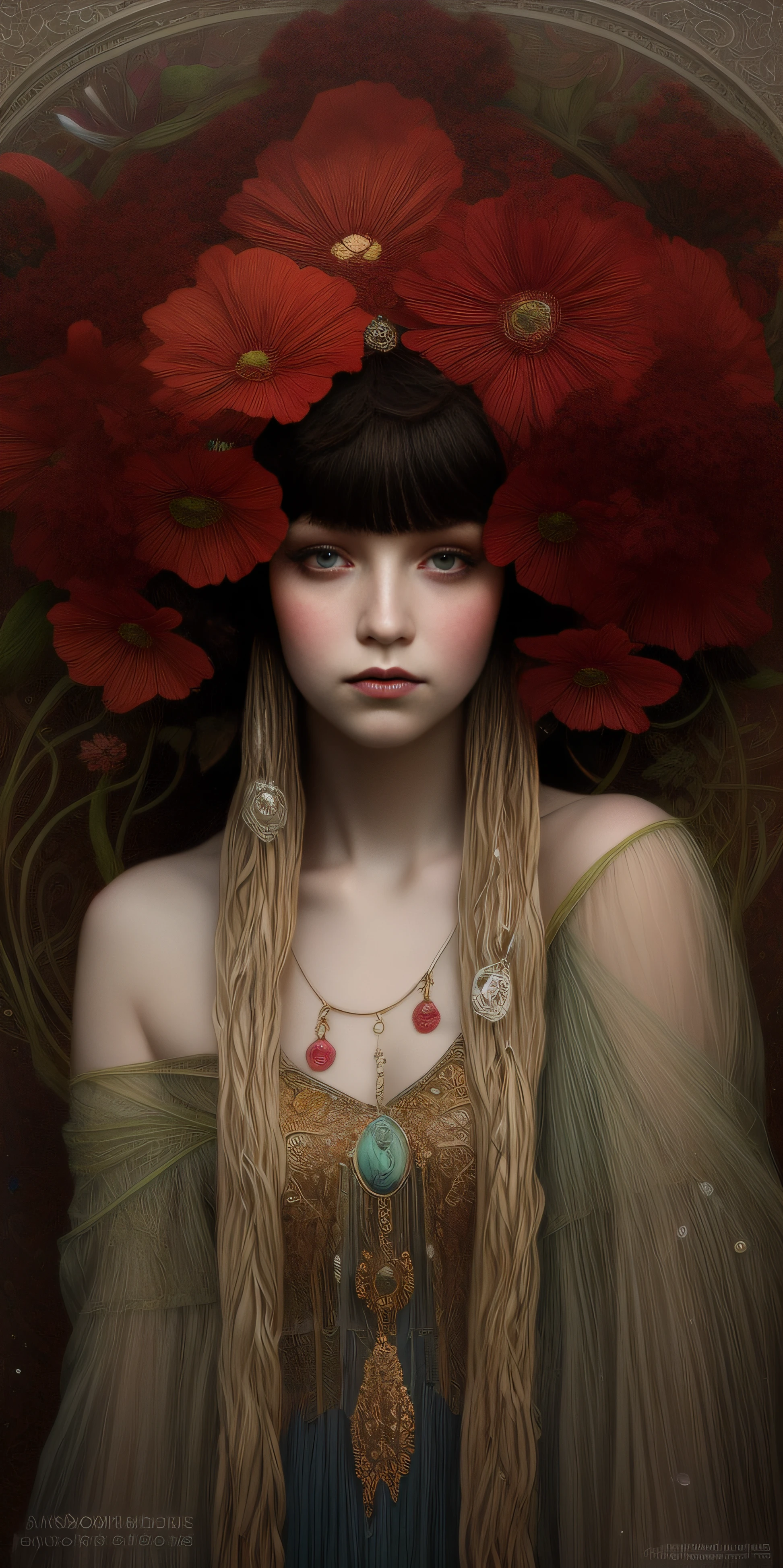 Un primer plano de una mujer con un tocado de flores rojas, tocado de coral, Mucha Klimt y Tom Bagshaw, Inspirado por James Christensen, art deco flower shaman, Natalie Shau Tom Bagshaw, Adornos rojos, Edgar Maxence, inspirado por James C. Christensen, art nouveau fashion photography, Art Nouveau hiperrealista, Adornos rojos