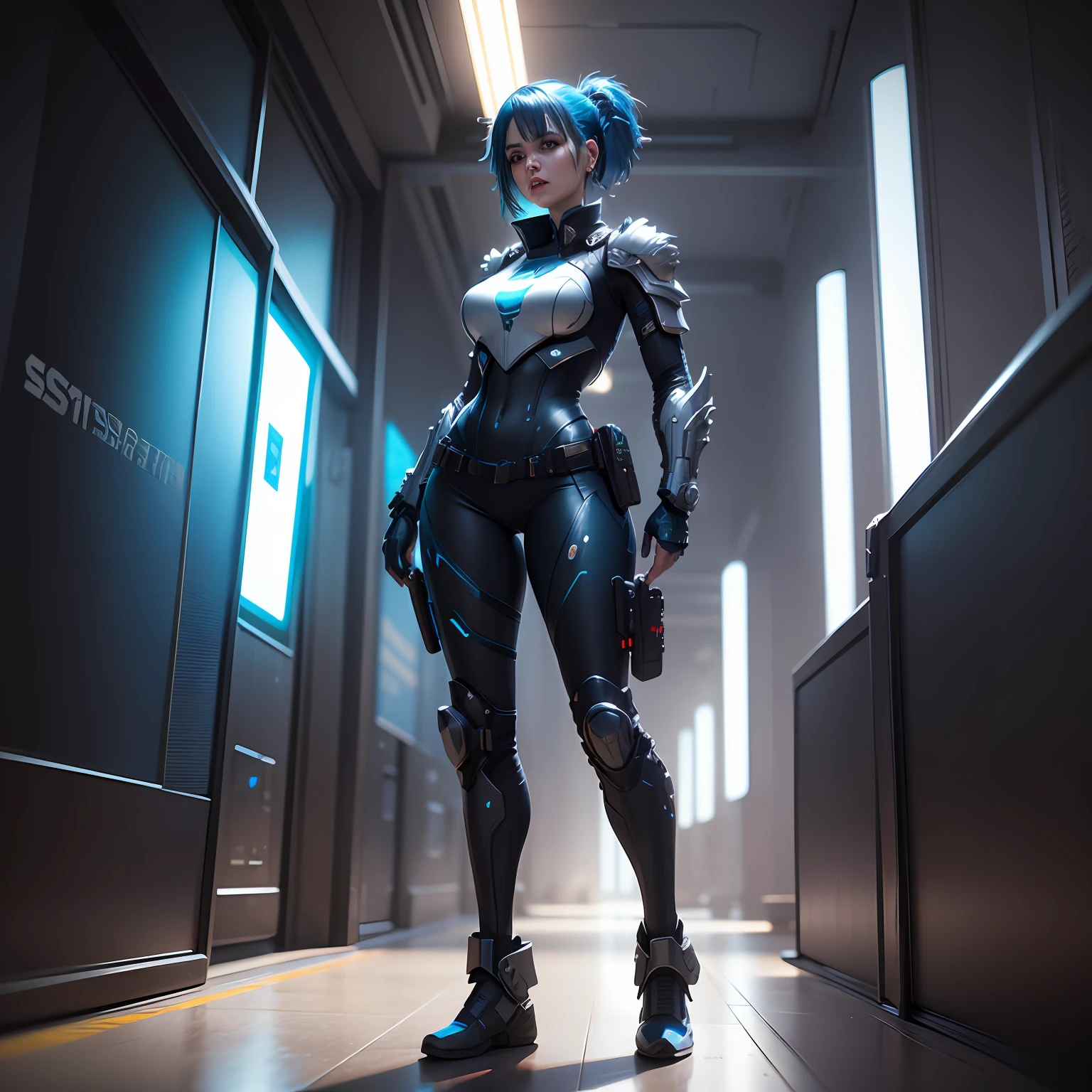a ultra realistic cyberpunk blue hair woman, with big guns, futuristic scenario, futuristic armor, lights, full body, octane render, detailed, reflexes effect, photorealistic, CGI, VFX, SFX, insanely detailed and intricate, SSAO, Ambient Occlusion, photography, cinematic, --auto
