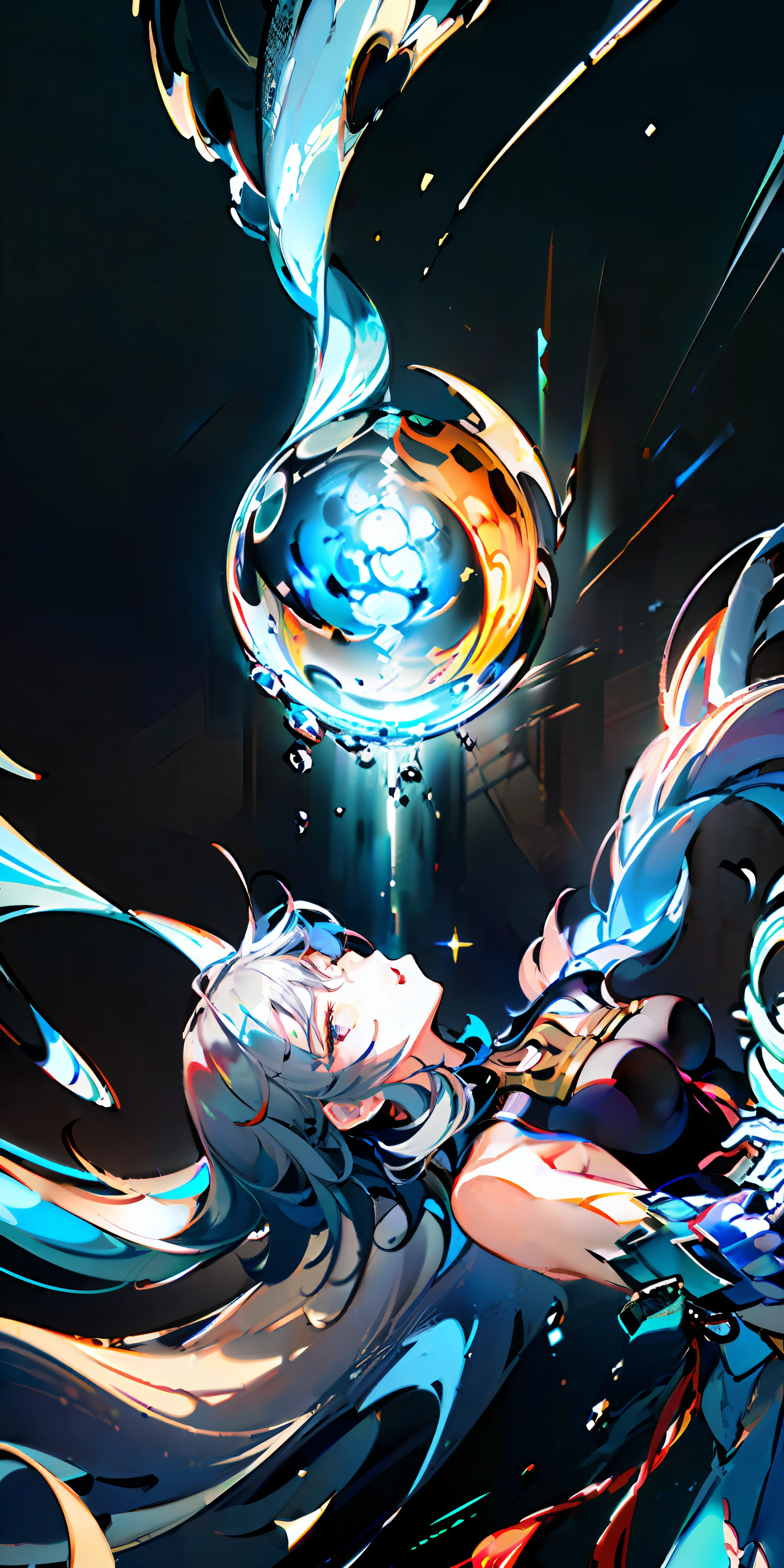 (Highest picture quality),(Master's work),(ultra-detailed),(Detailed eye description:1.0),(lens flare:1.0),(movie poster:1.0),(Tarot border:1.0),the portrait is centered,(close-up:1.0),(nagative space:0.8),(negative space:1.6),(solo),(floating colorful web:1.0),(many colorful spikes:1.0),(floating aqua droplets:1.0),(water magic:1.0), (dappled sunlight,light rays,caustics:1.2), (iridescent:1.0),(beautiful detailed glow:1.0),(leaning back:1.2),(grim expression:1.0),(small:1.0),(open mouth:1.0),(eyelashes),one eye closed,(light blue hair:1.4),(long hair:1.0),(facing viewer:1.3),(head tilt:1.0),(dynamic pose:1.1),(asymmetrical hair:1.2),(orange,(casual,casual clothes),(layered skirt),(grey eyes:1.4),diagonal bangs,high twintails,drill hair,long coat,(floating cape:1.0),,(abstract background:1.4),(:1.1),(jumping:1.1),(tan:1.1),(upper body:1.25),thinking, slit pupils, + +,  ganyu, bare shoulders, bodysuit, (white gloves:1.3), black and red twin horns, sleepy}