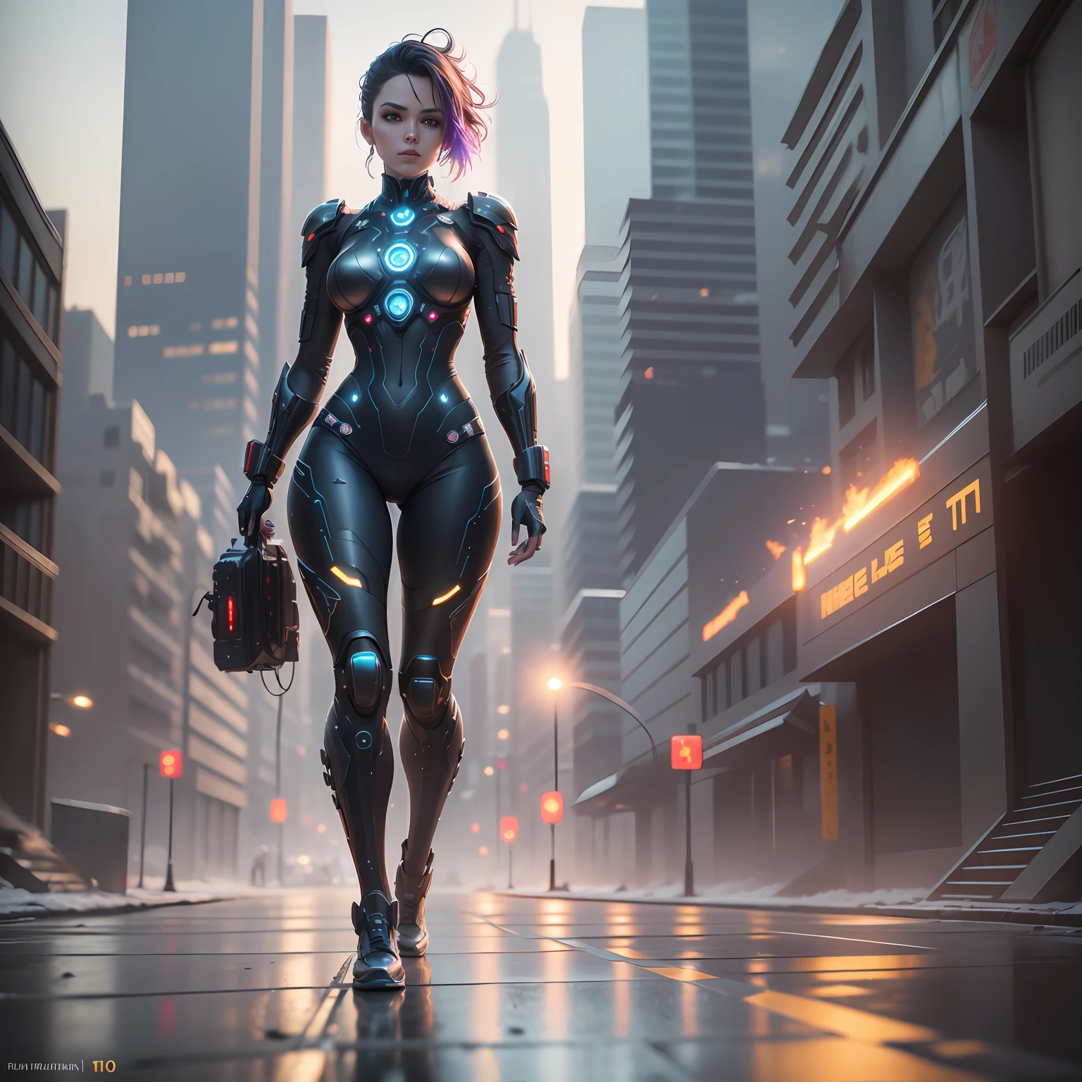a ultra realistic cyberpunk blue hair woman, with big guns, futuristic scenario, futuristic armor, lights, full body, octane render, detailed, reflexes effect, photorealistic, CGI, VFX, SFX, insanely detailed and intricate, SSAO, Ambient Occlusion, photography, cinematic, --auto